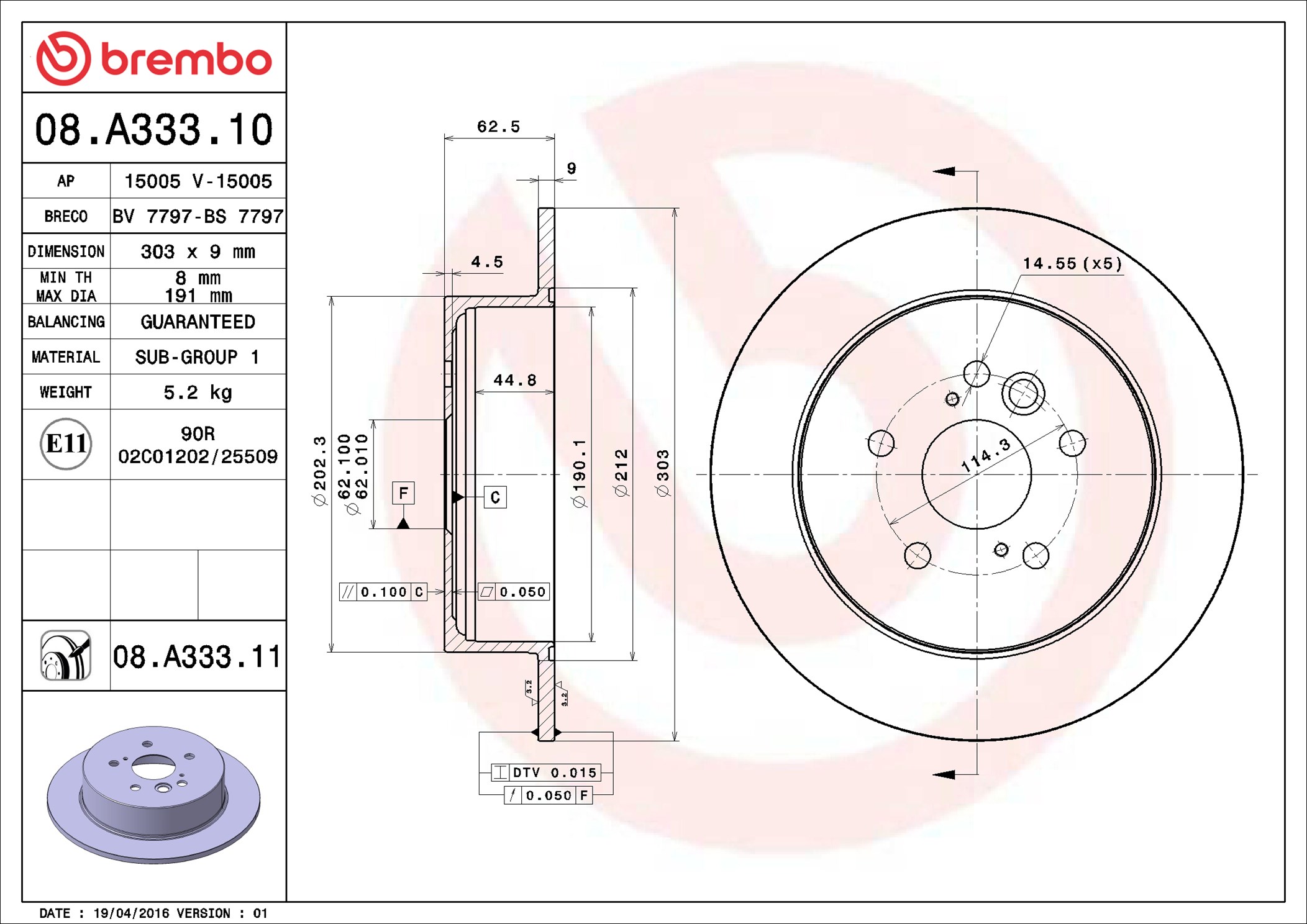 Brake Disc - 08.A333.11 BREMBO