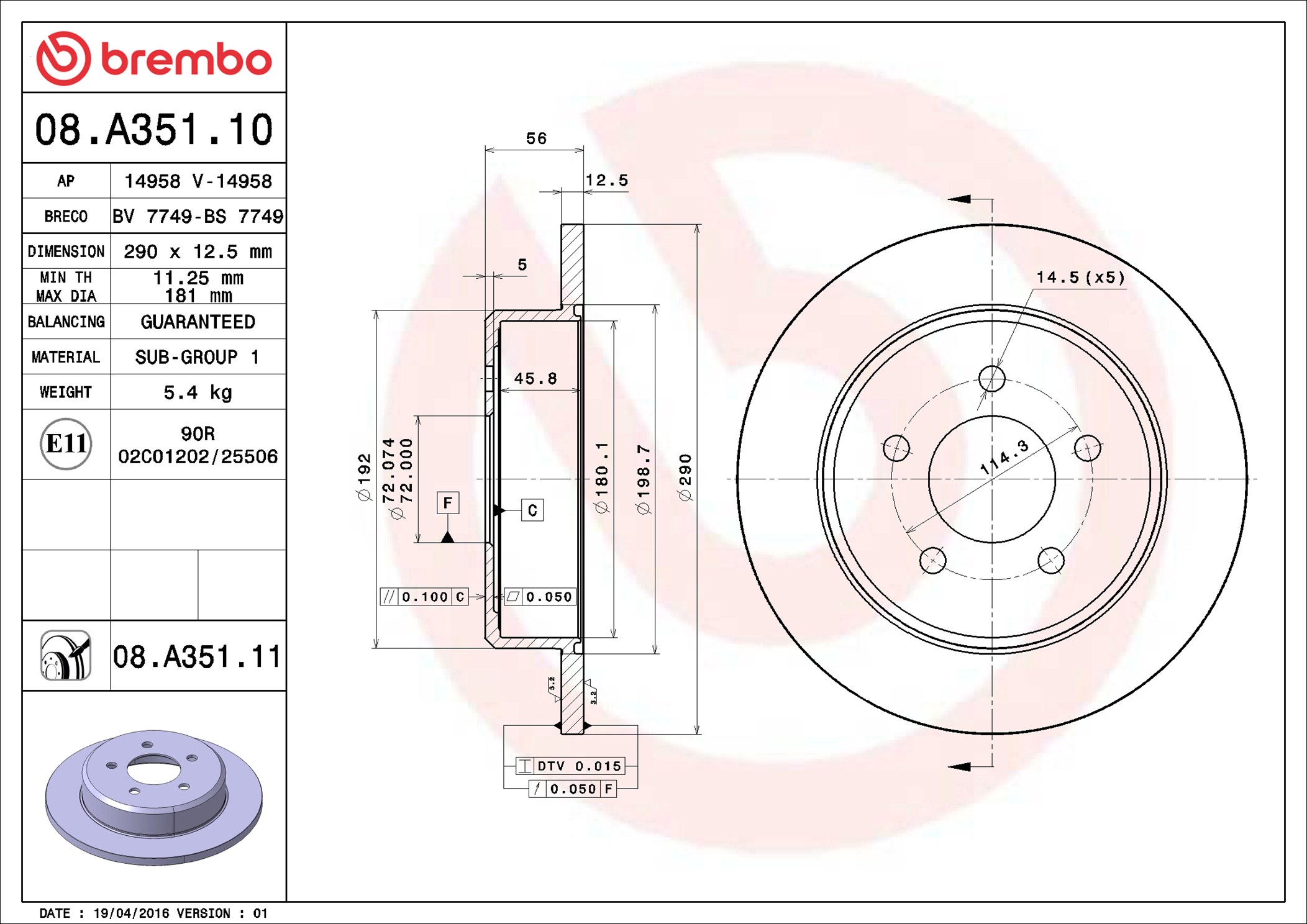 Brake Disc - 08.A351.11 BREMBO