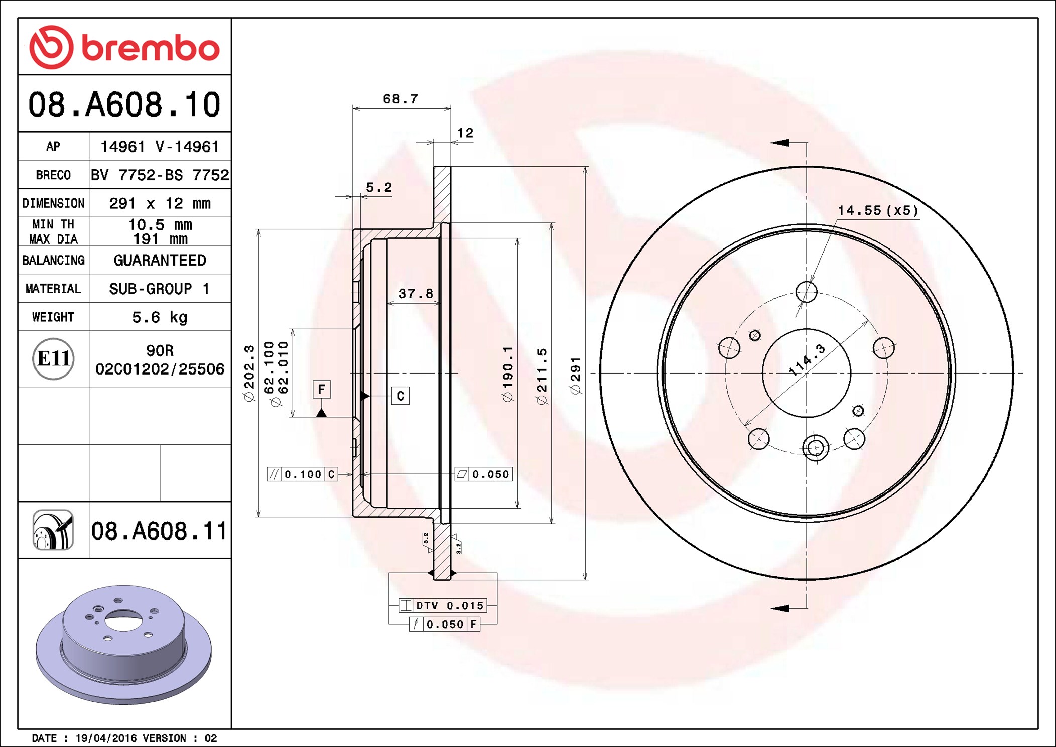 Brake Disc - 08.A608.11 BREMBO
