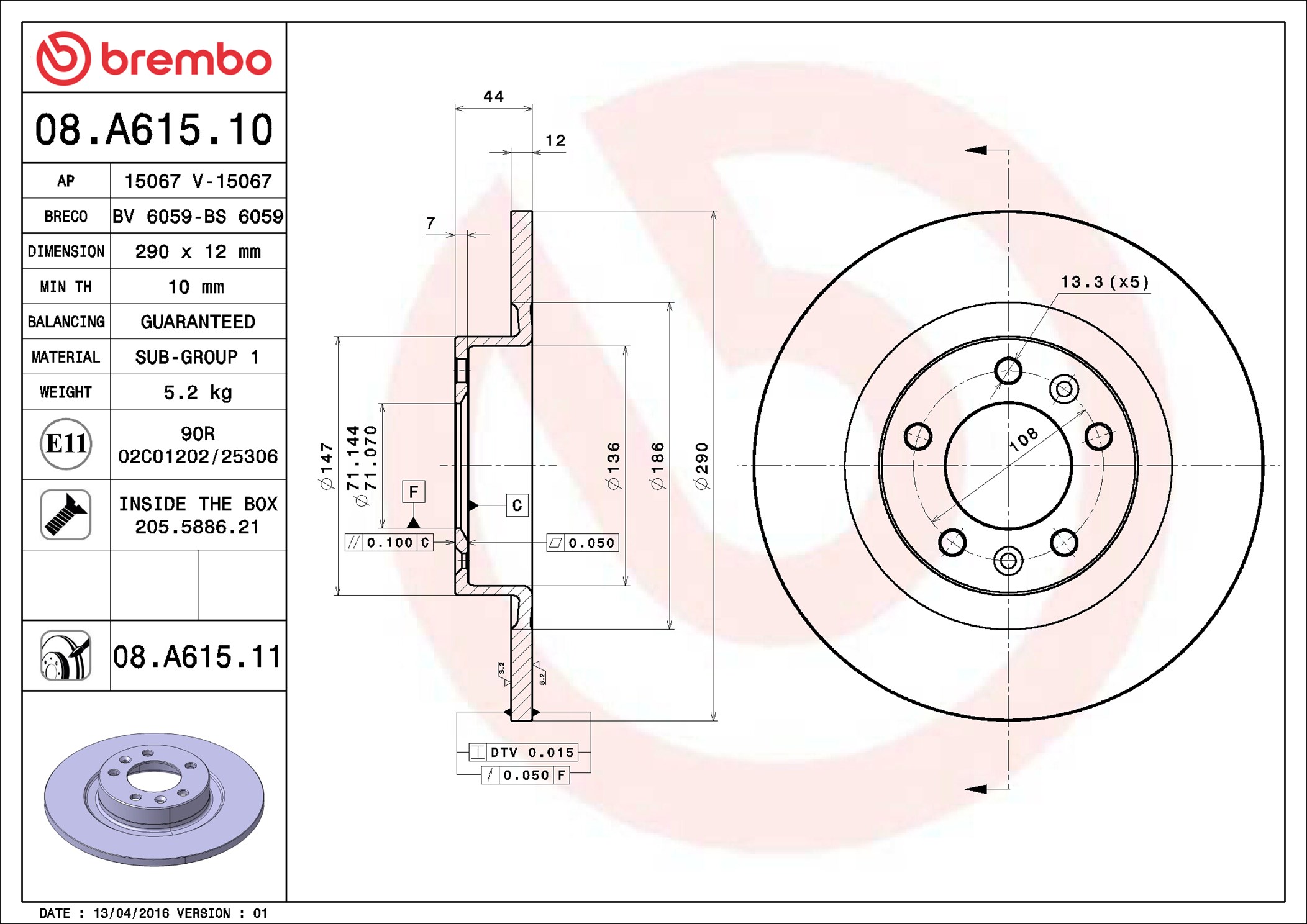 Brake Disc - 08.A615.11 BREMBO
