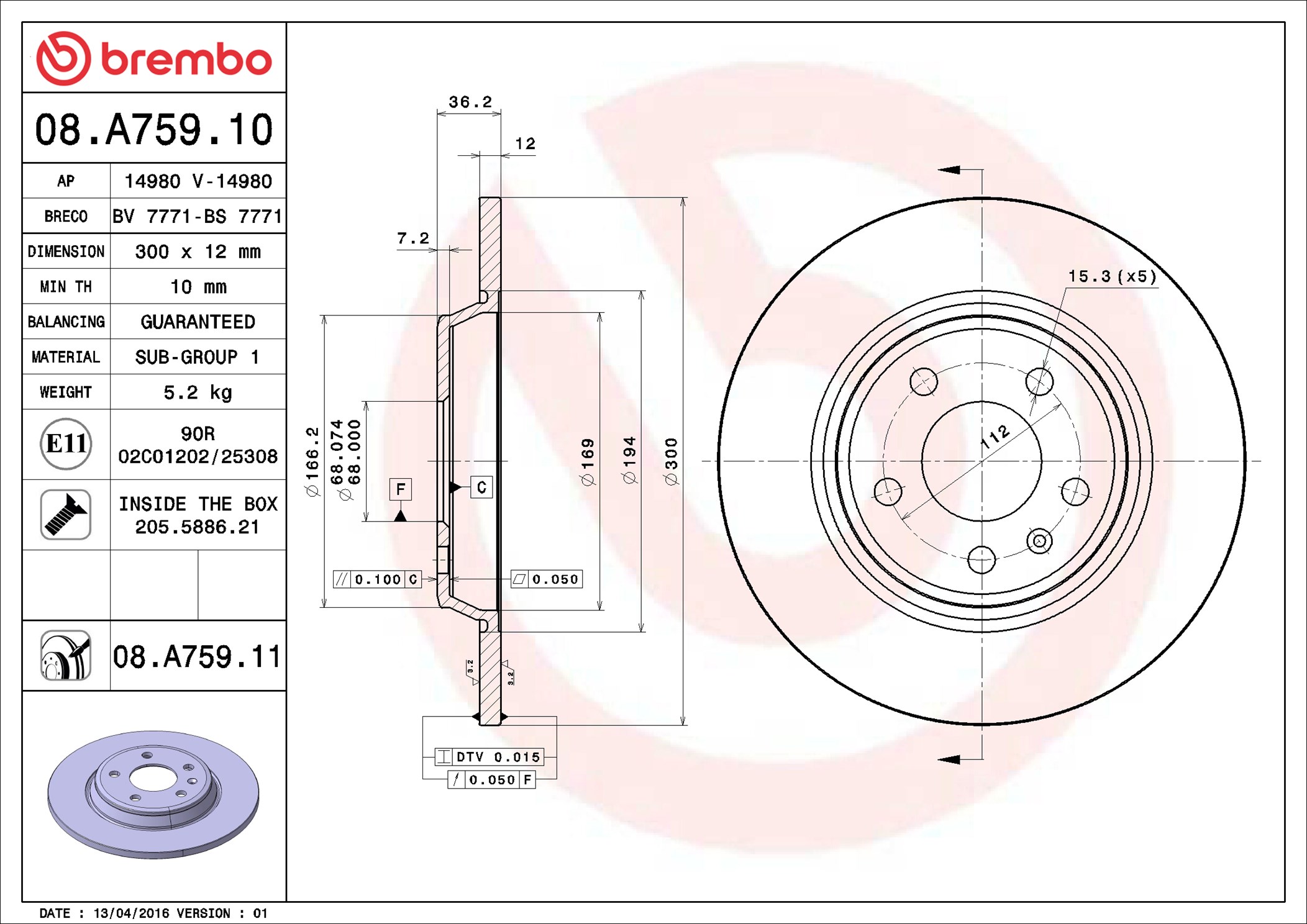stabdžių diskas - 08.A759.11 BREMBO