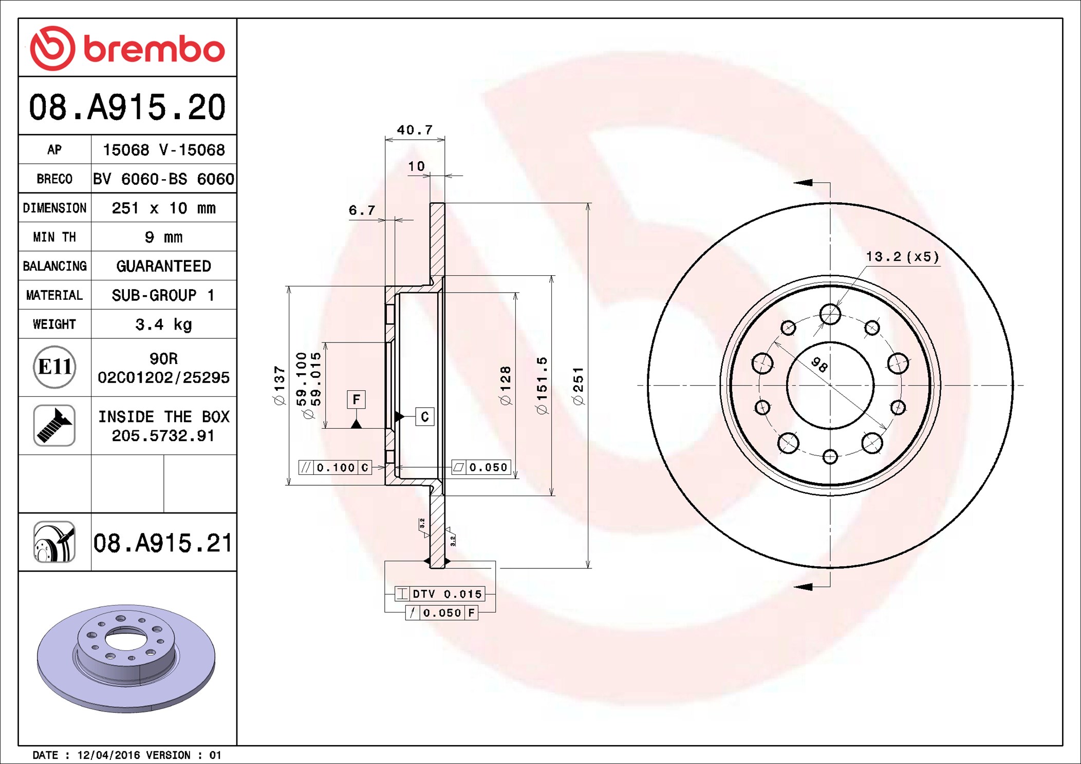 Bremsscheibe - 08.A915.21 BREMBO