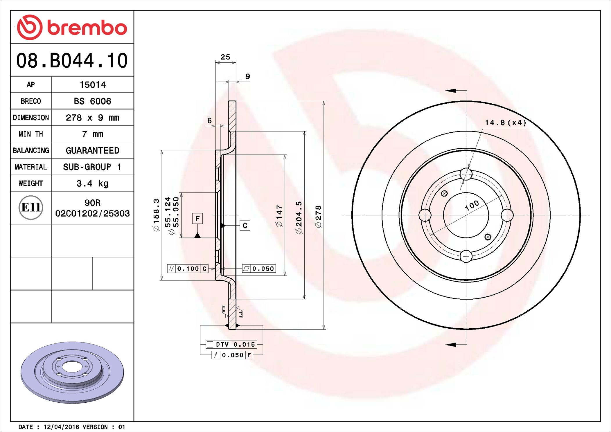 Brake Disc - 08.B044.10 BREMBO