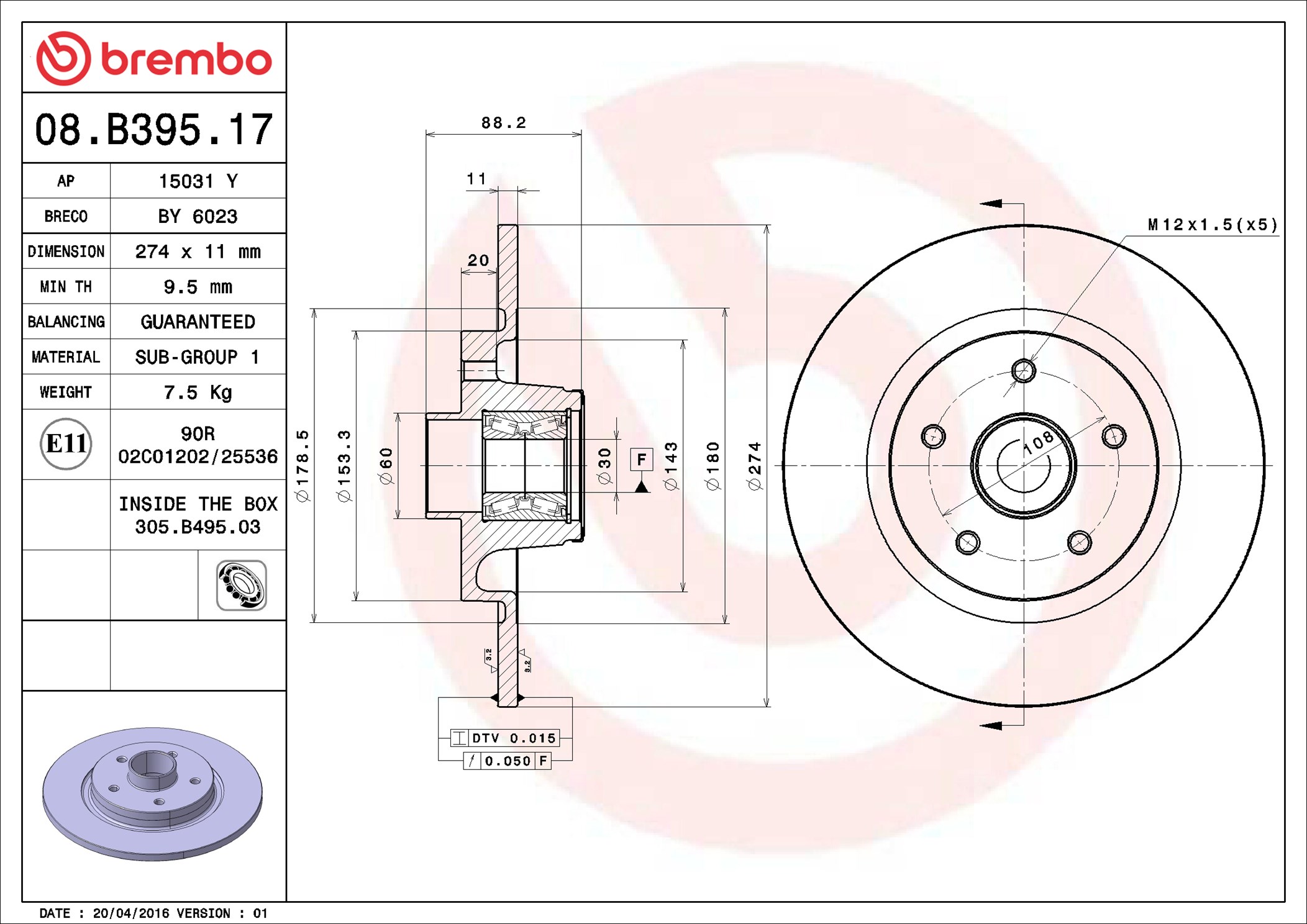 Brake Disc - 08.B395.17 BREMBO