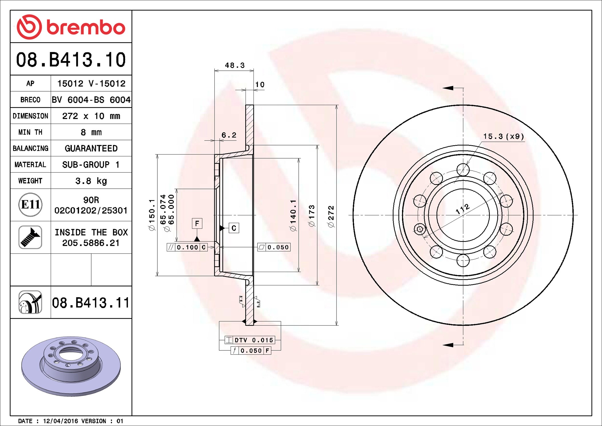 Brake Disc - 08.B413.11 BREMBO