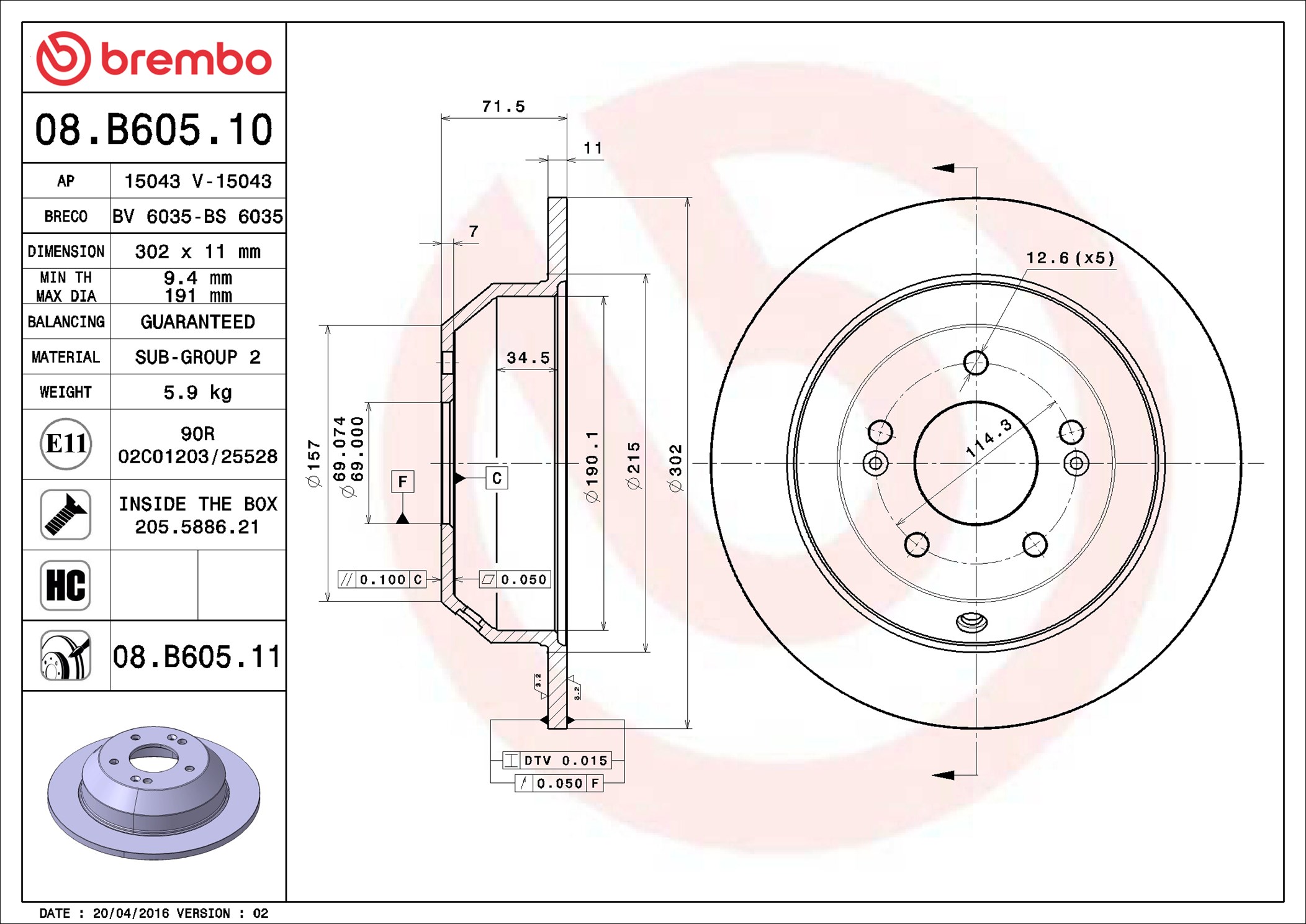 stabdžių diskas - 08.B605.11 BREMBO