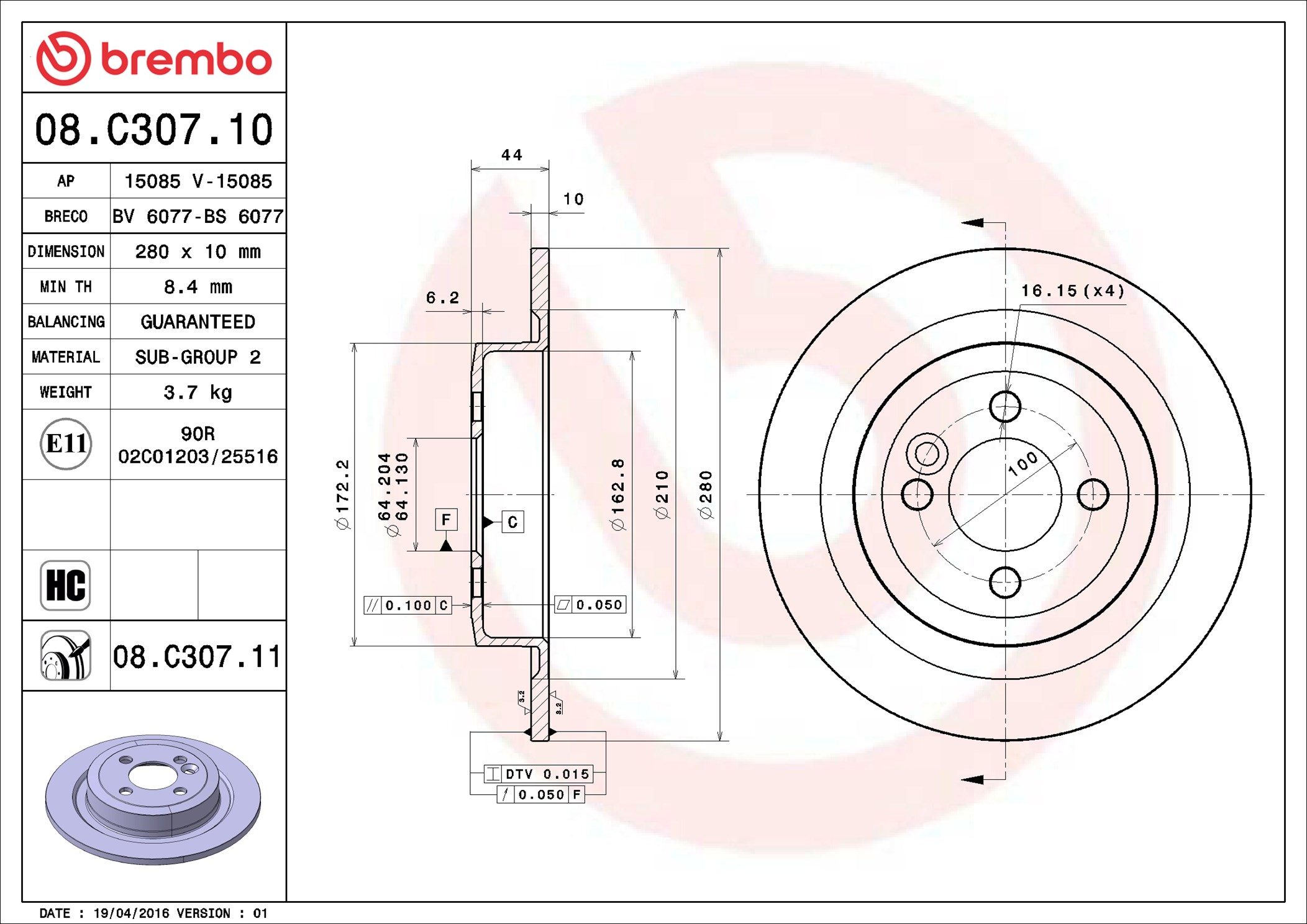 Brake Disc - 08.C307.11 BREMBO