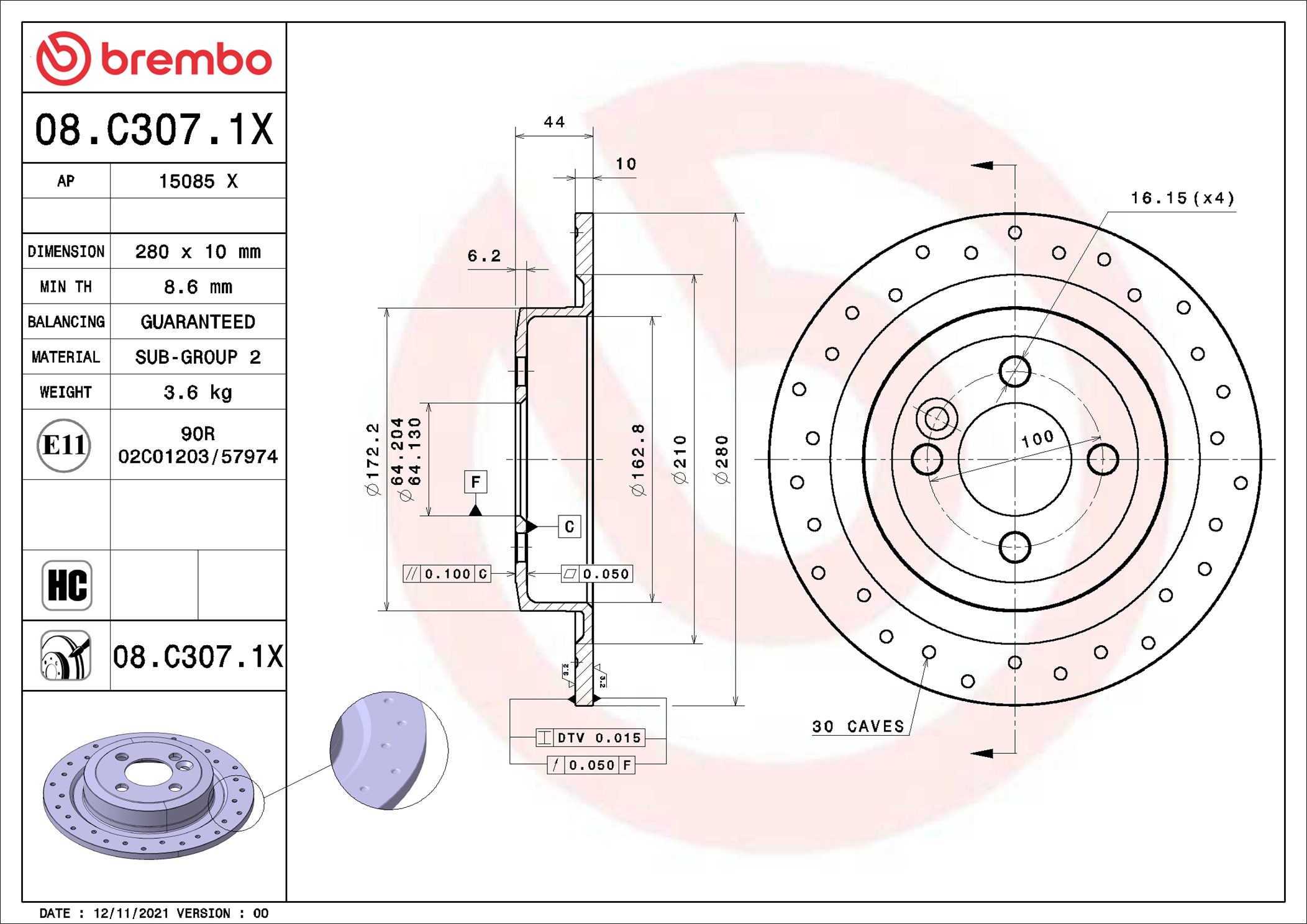 Brake Disc - 08.C307.1X BREMBO