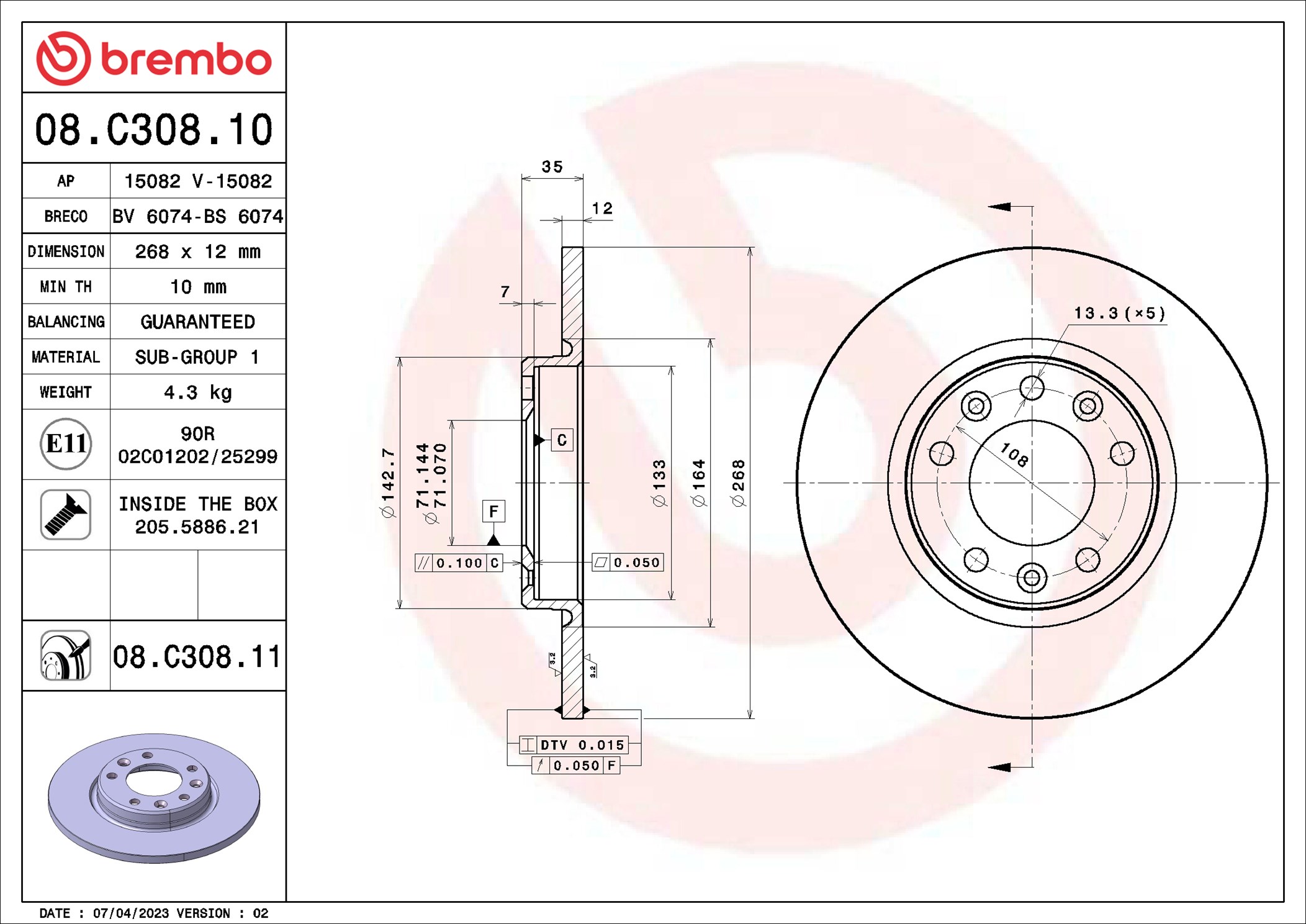 Brake Disc - 08.C308.11 BREMBO