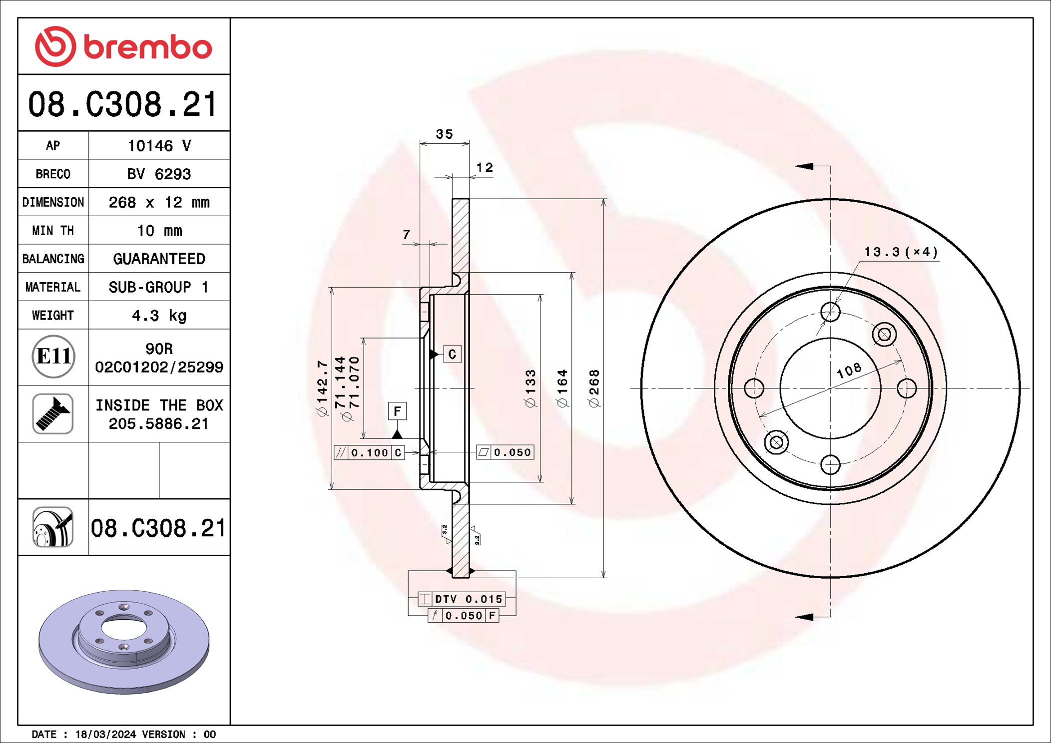 Brake Disc - 08.C308.21 BREMBO
