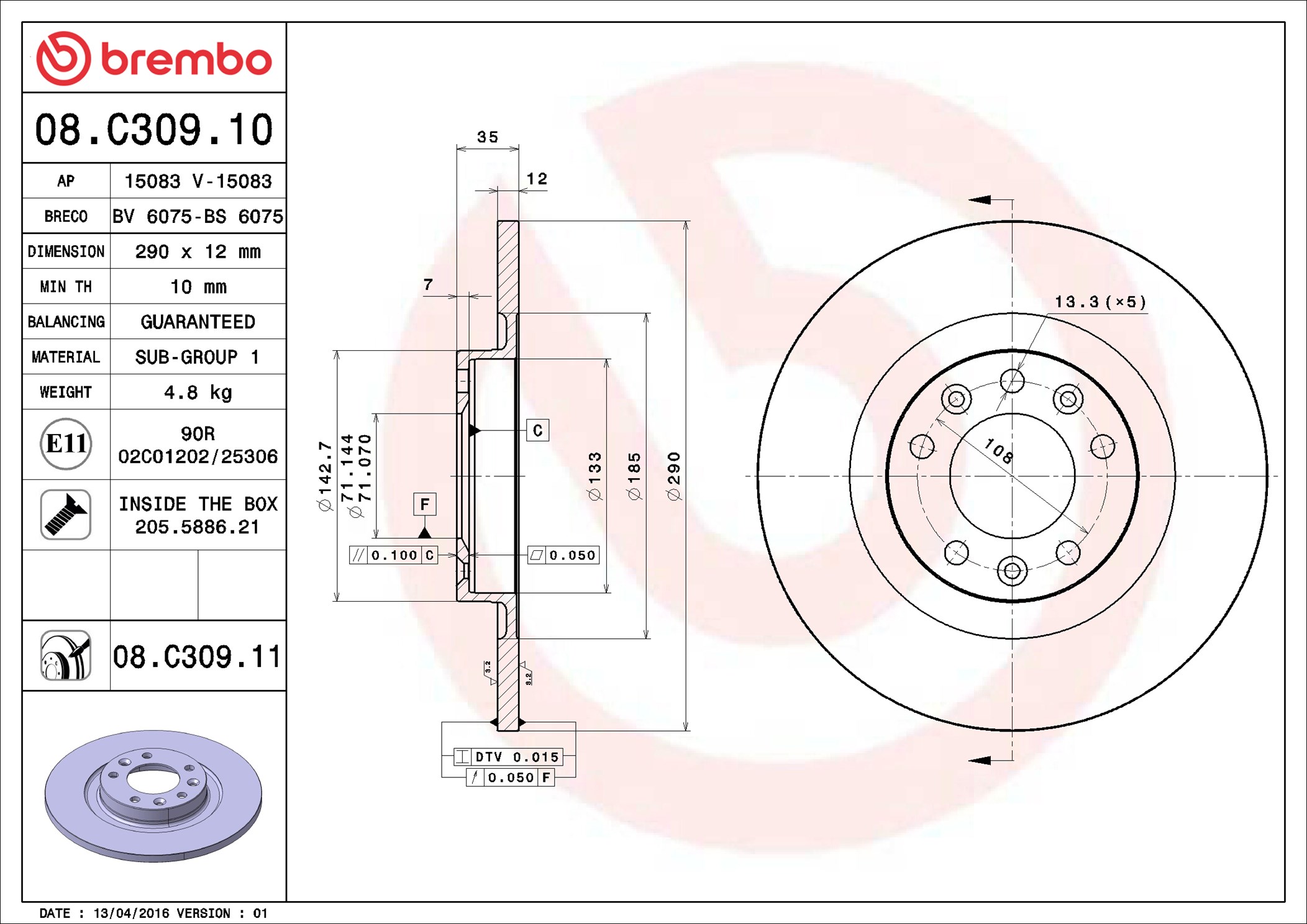 Brake Disc - 08.C309.11 BREMBO