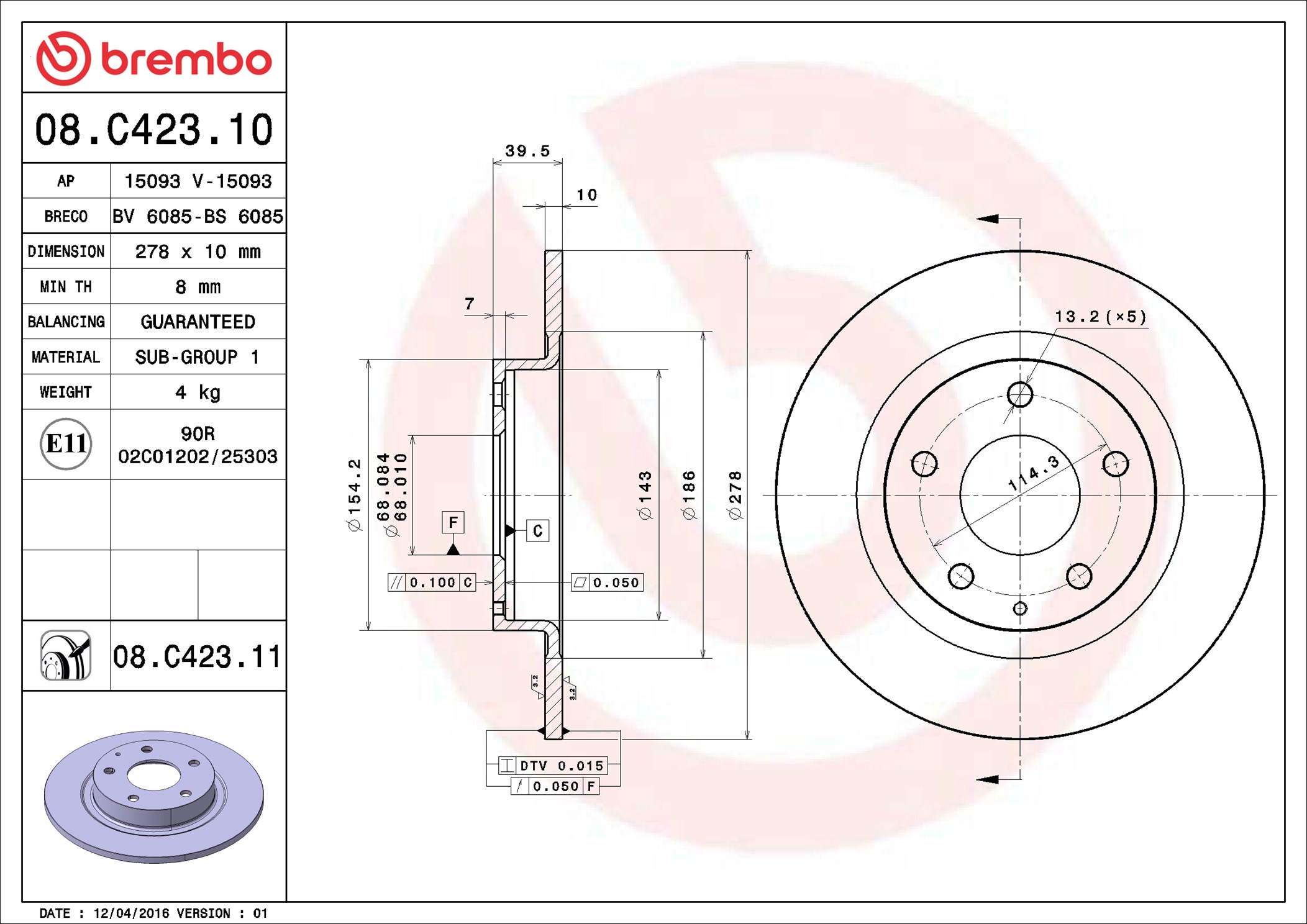 Brake Disc - 08.C423.11 BREMBO