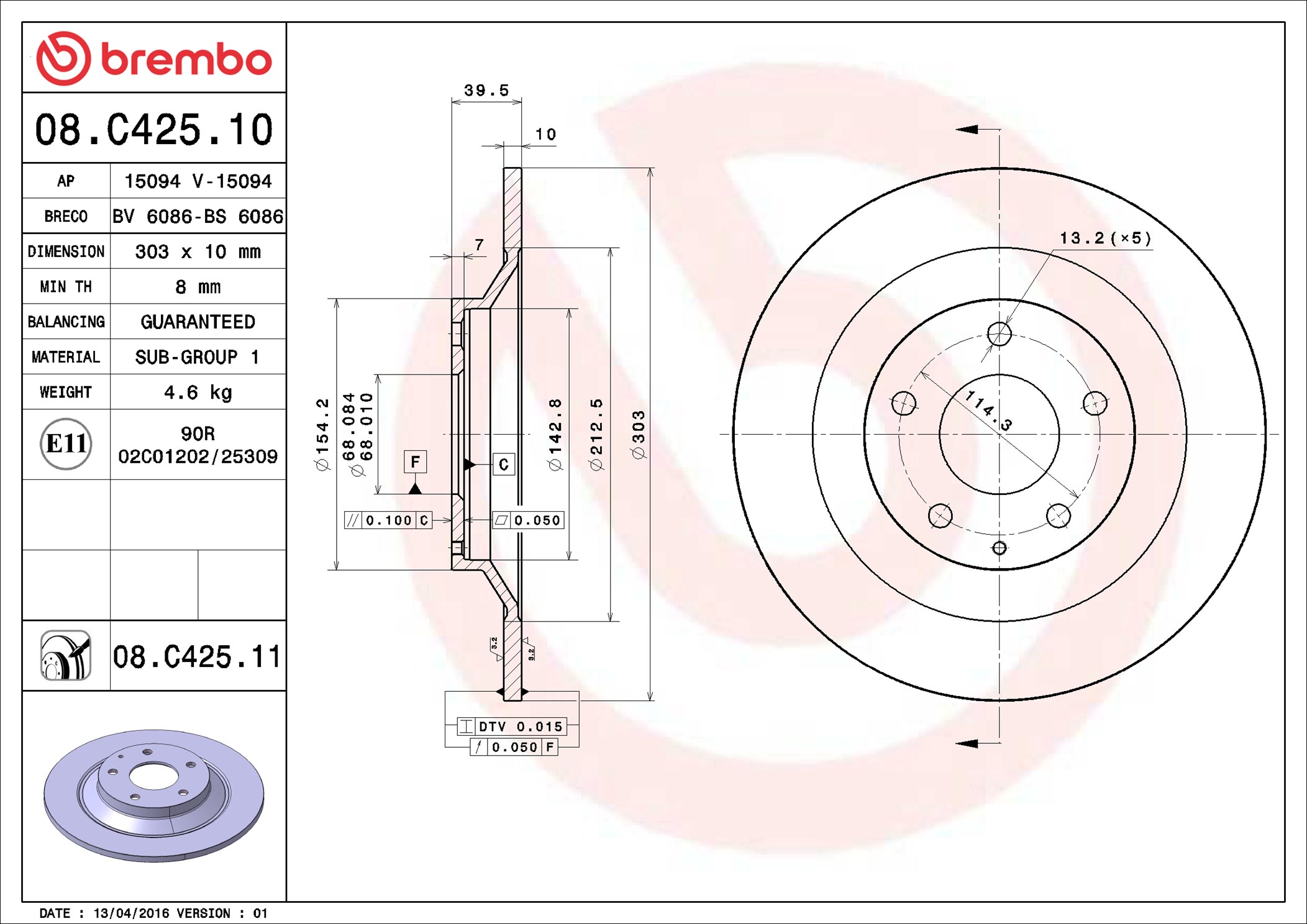 Bremsscheibe - 08.C425.11 BREMBO