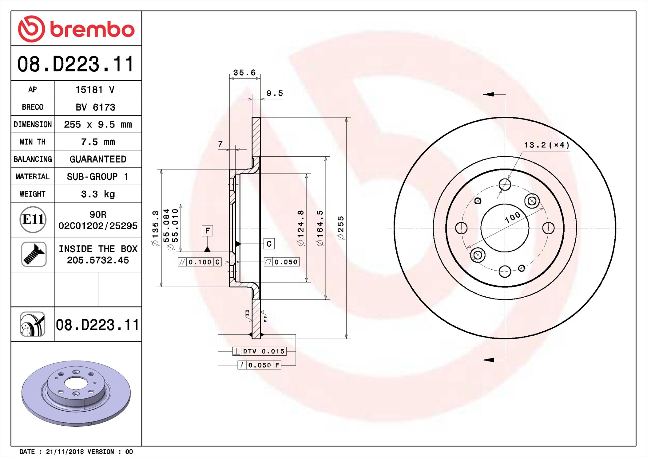 stabdžių diskas - 08.D223.11 BREMBO