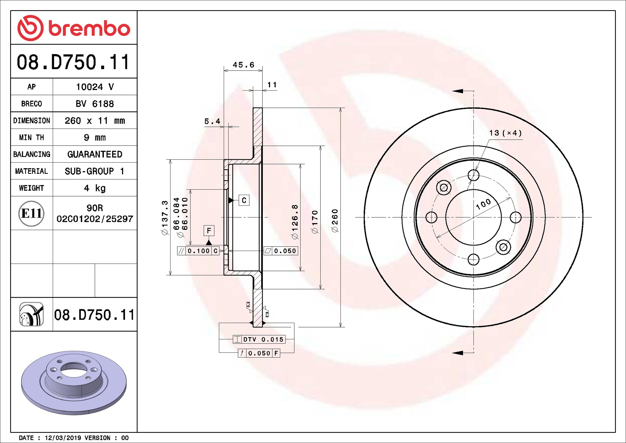 stabdžių diskas - 08.D750.11 BREMBO