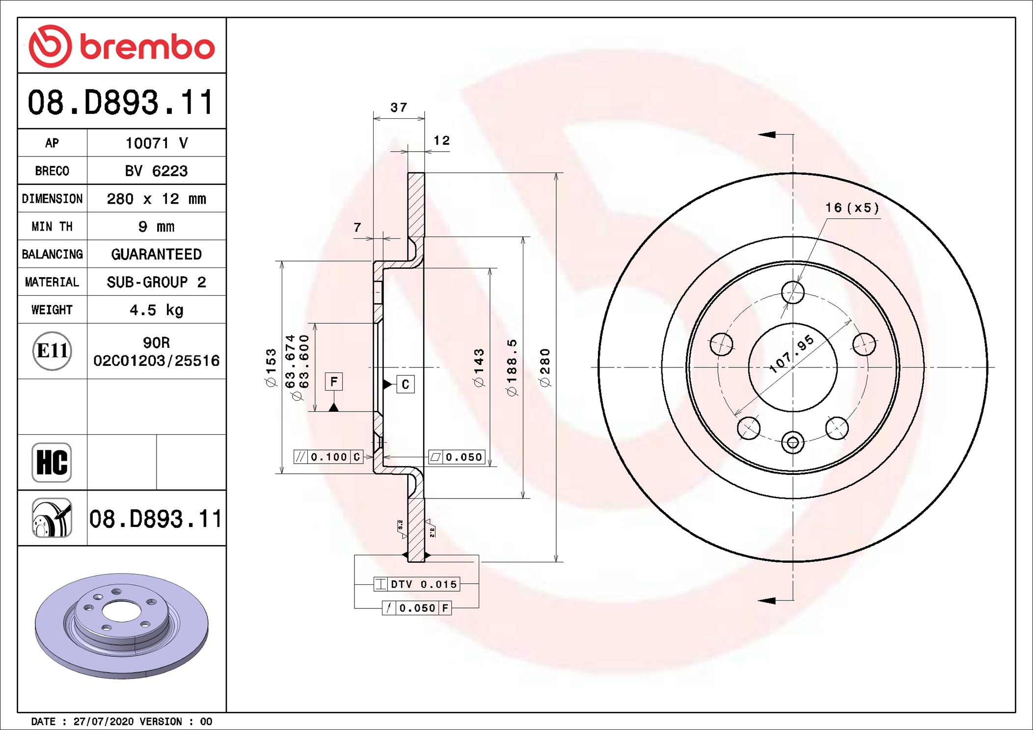 Brake Disc - 08.D893.11 BREMBO