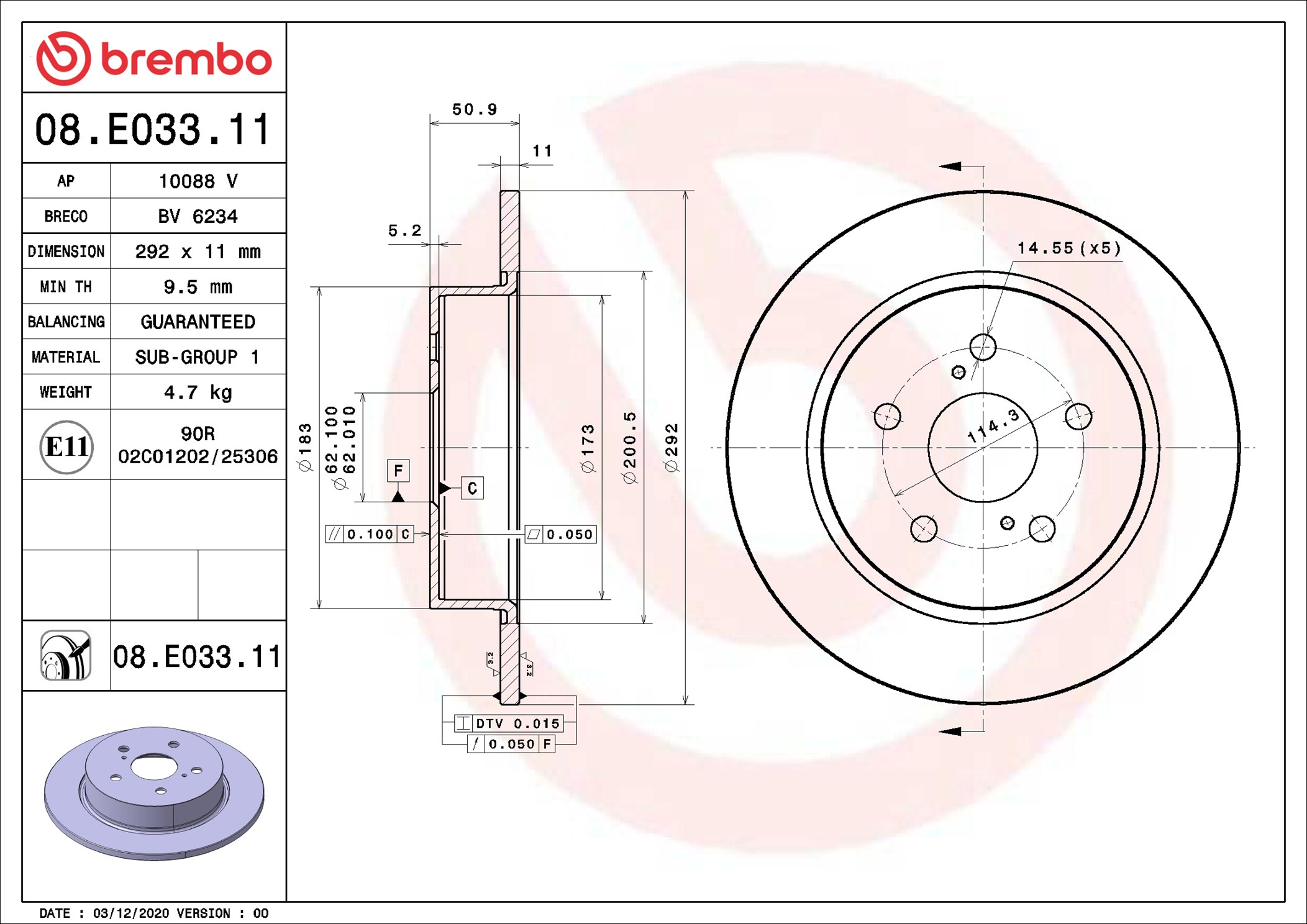 stabdžių diskas - 08.E033.11 BREMBO