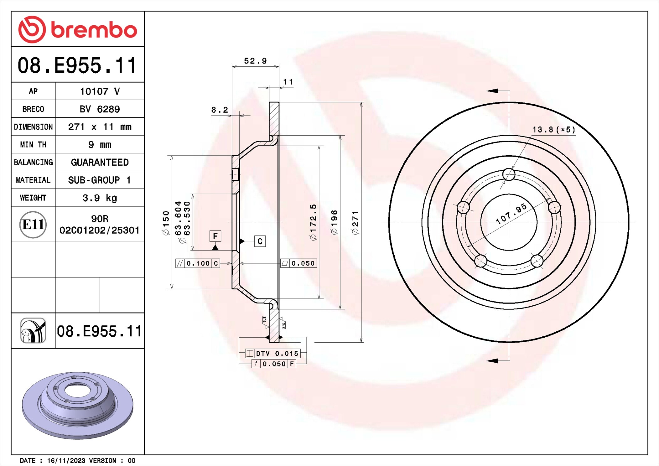 Brake Disc - 08.E955.11 BREMBO