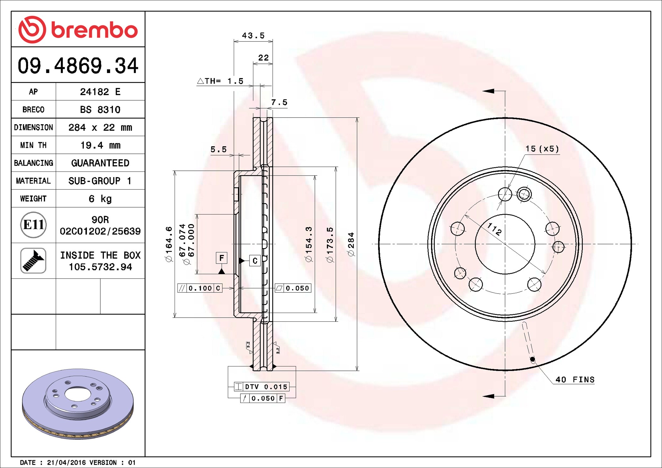 Тормозной диск - 09.4869.34 BREMBO