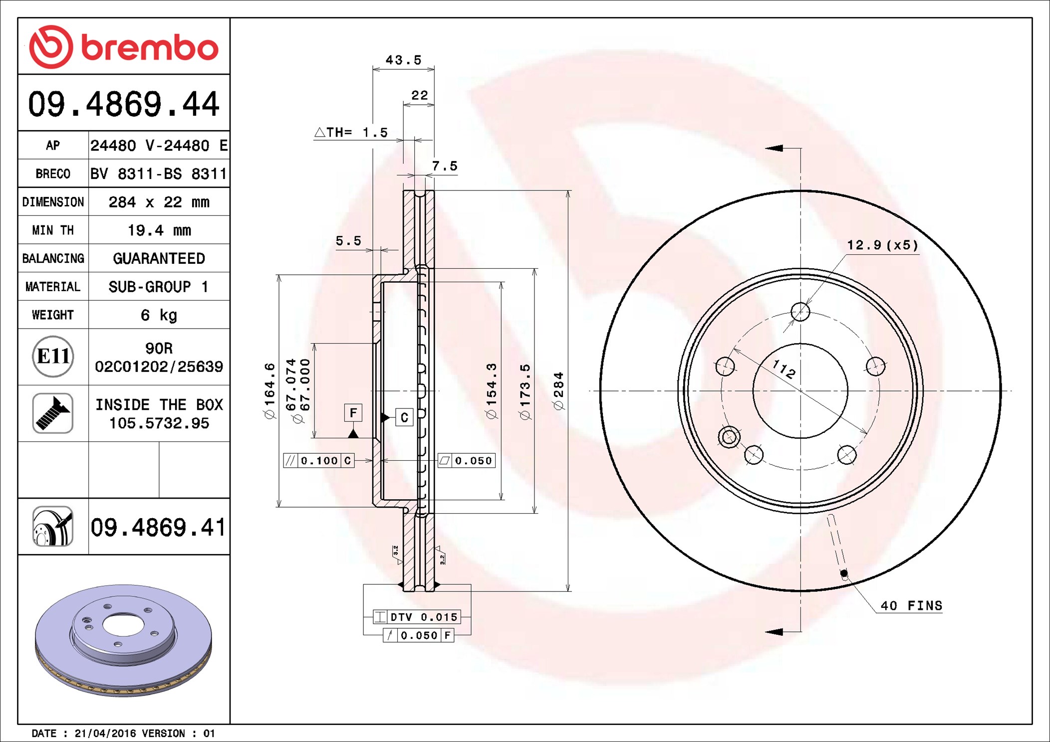 stabdžių diskas - 09.4869.41 BREMBO