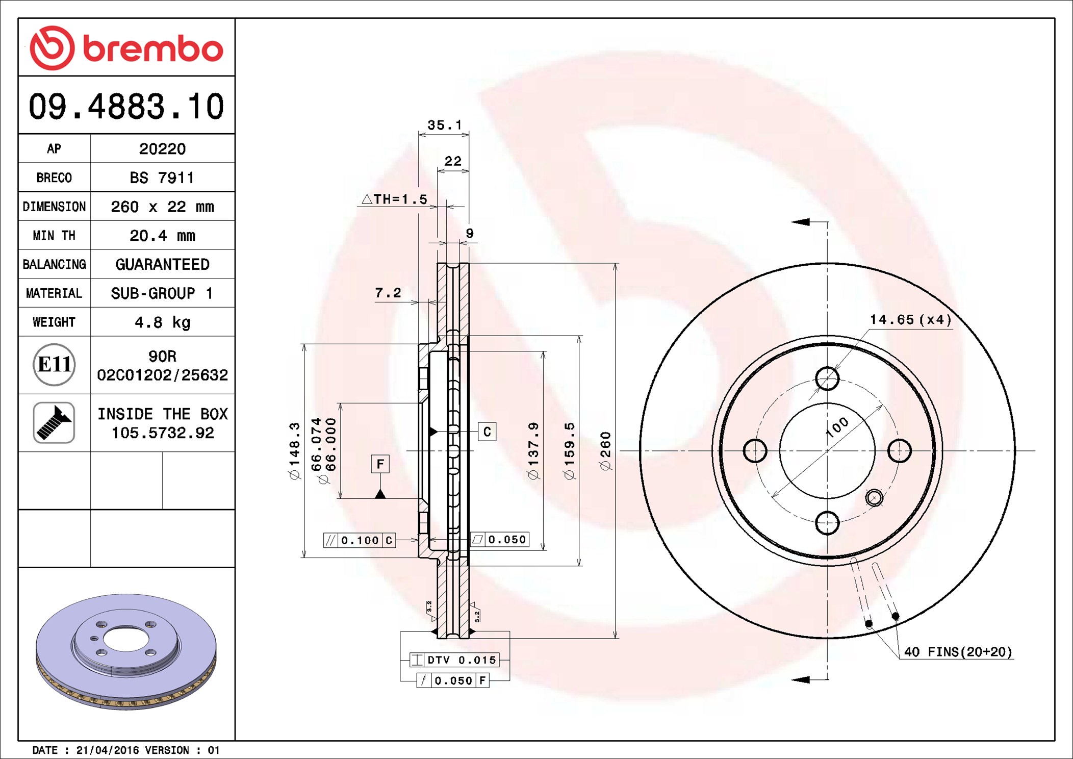 Brake Disc - 09.4883.10 BREMBO