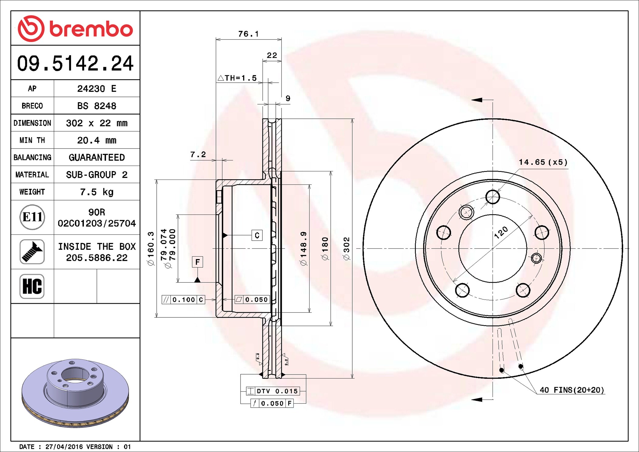 stabdžių diskas - 09.5142.24 BREMBO