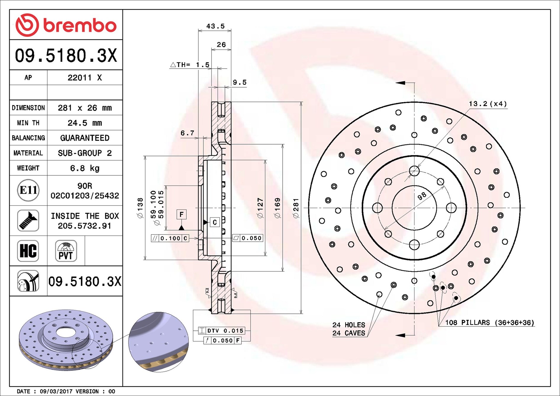 stabdžių diskas - 09.5180.3X BREMBO