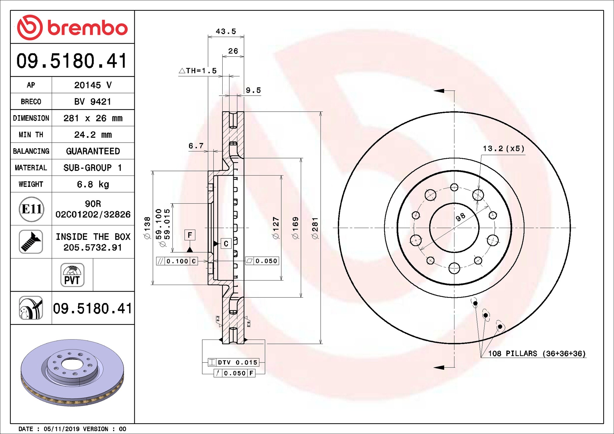 Brake Disc - 09.5180.41 BREMBO