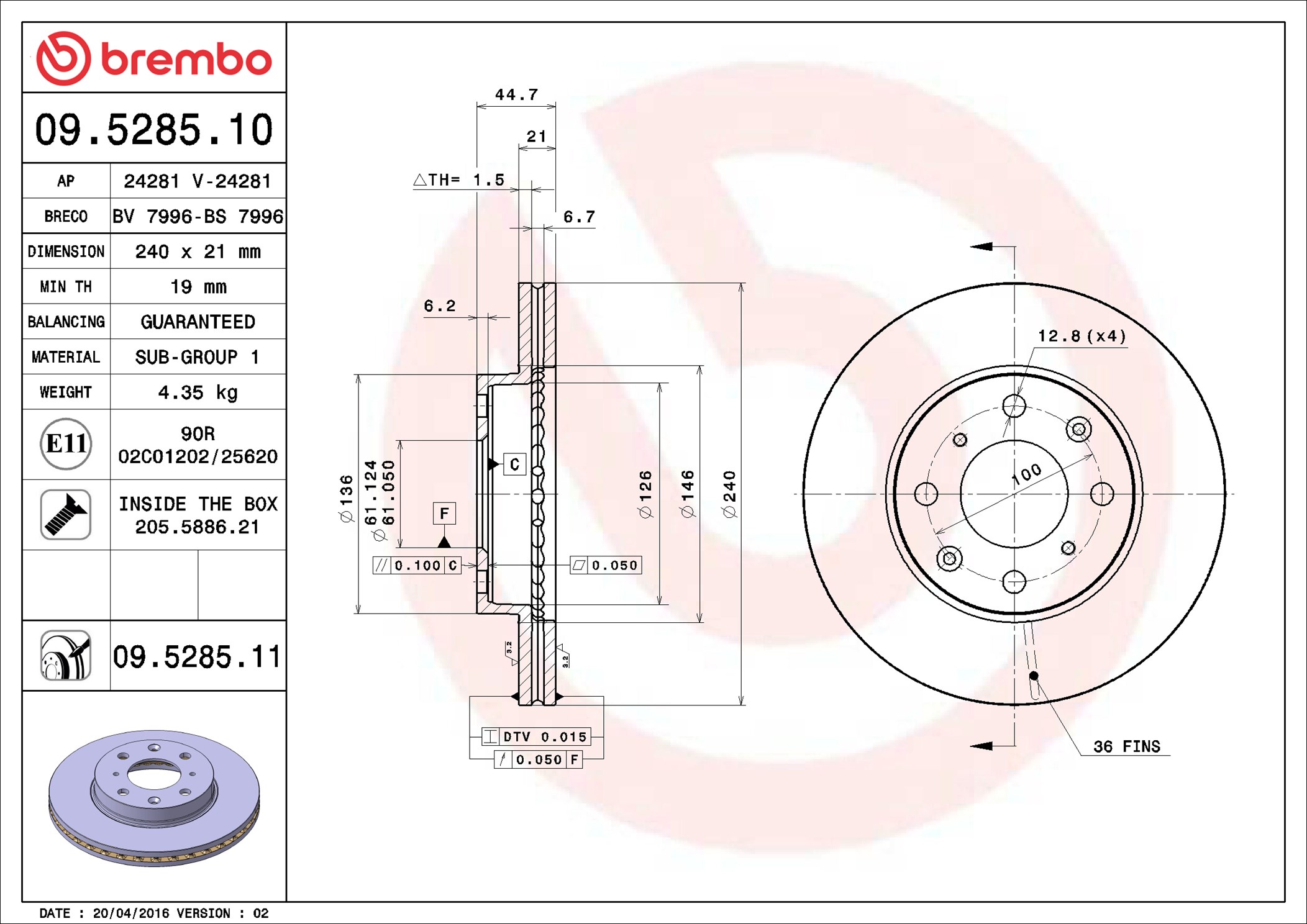 Brake Disc - 09.5285.11 BREMBO