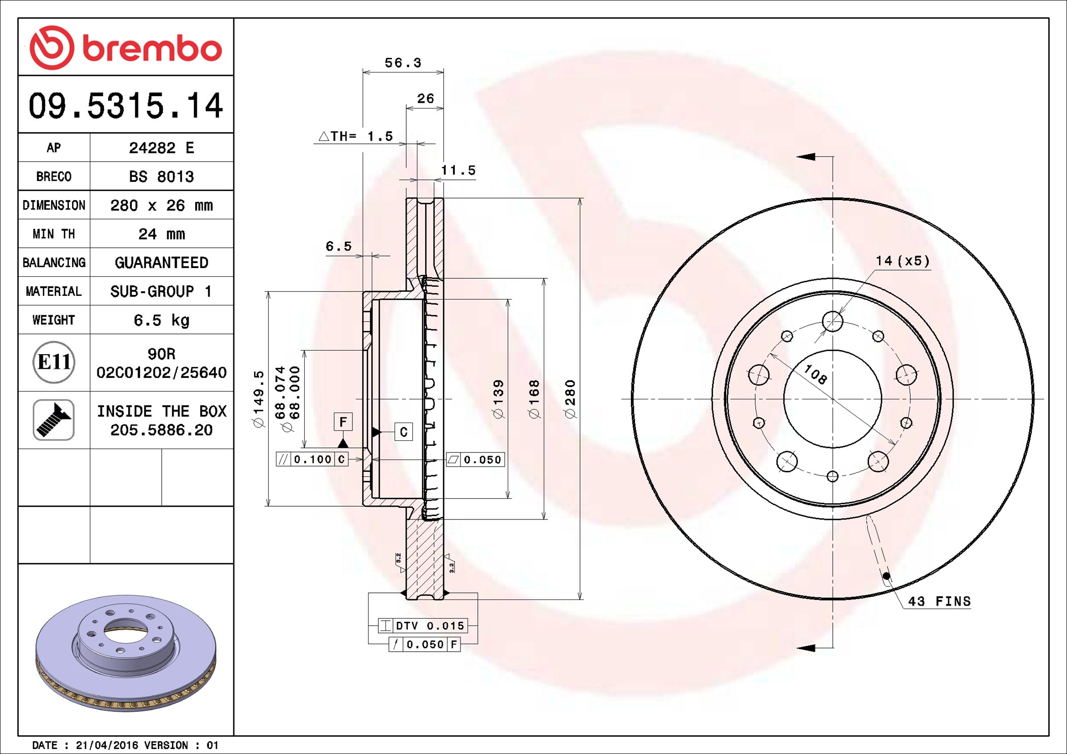 stabdžių diskas - 09.5315.14 BREMBO
