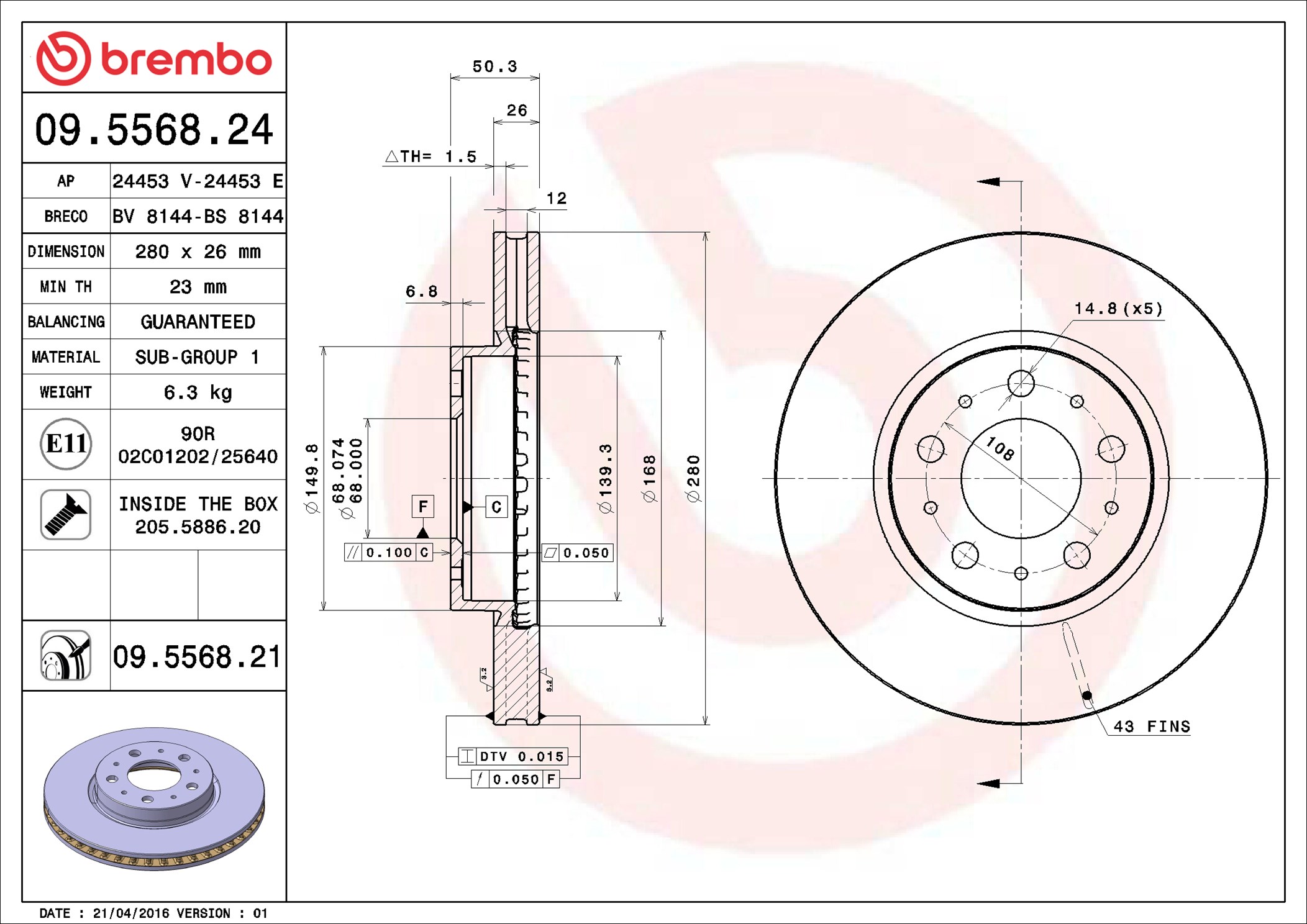 Brake Disc - 09.5568.21 BREMBO