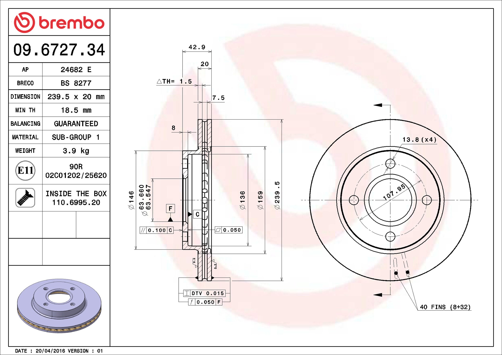 Brake Disc - 09.6727.34 BREMBO