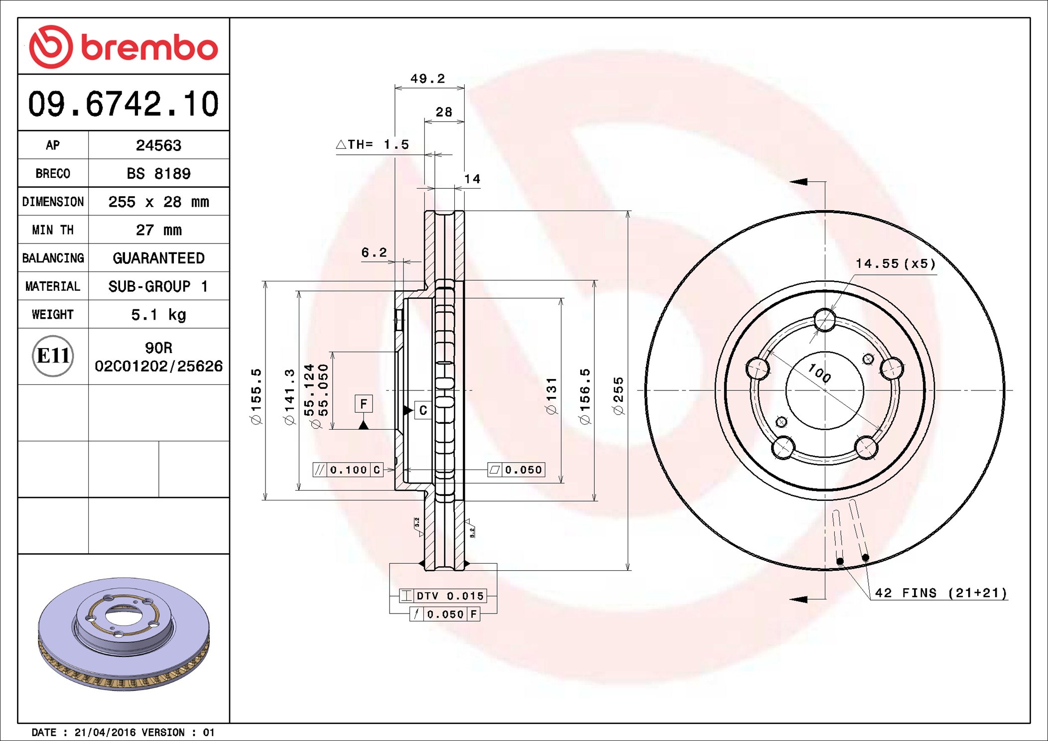 Тормозной диск - 09.6742.10 BREMBO