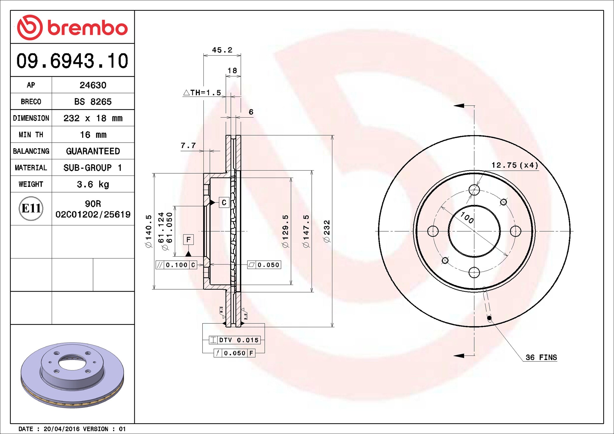 Brake Disc - 09.6943.10 BREMBO
