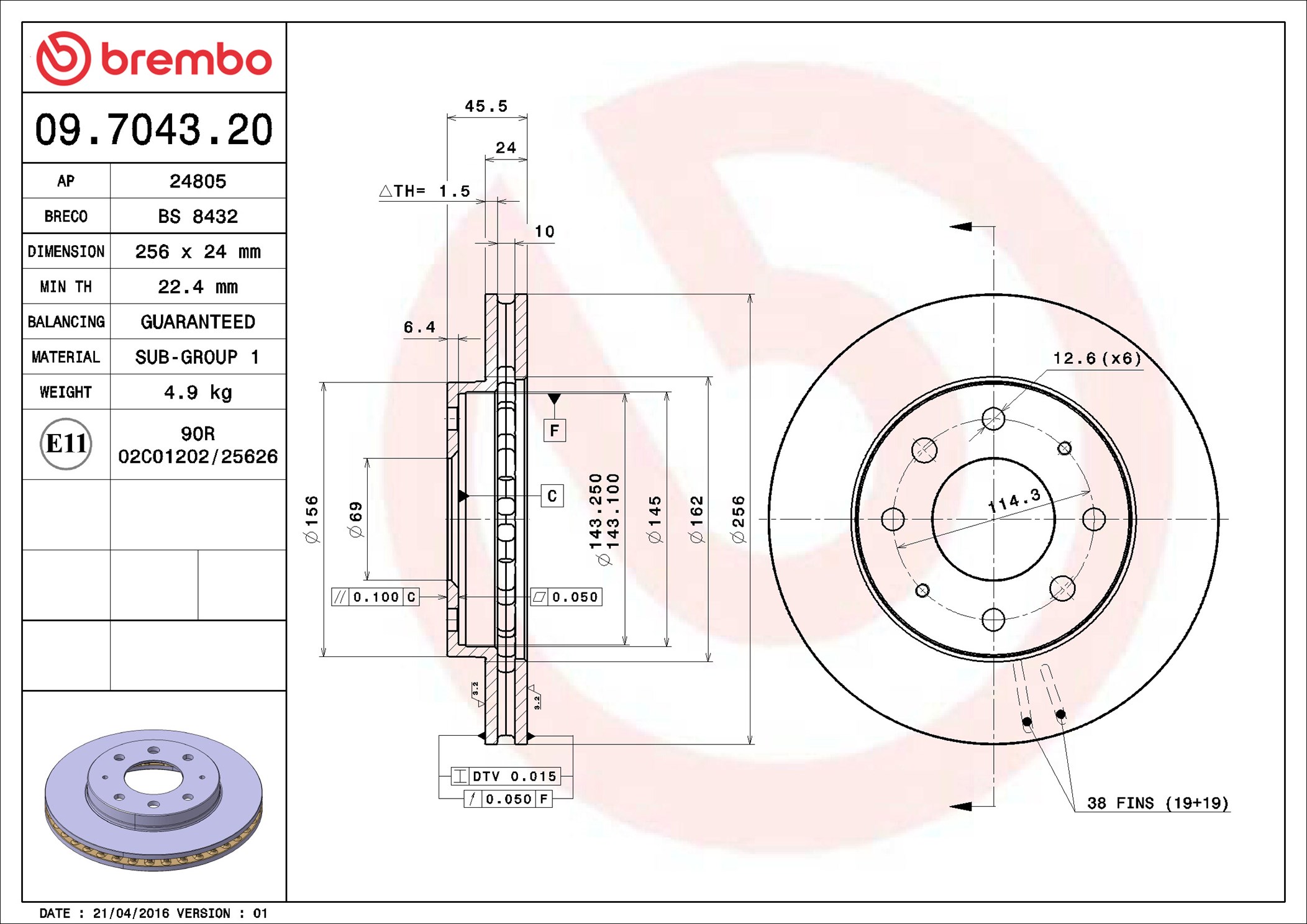 Тормозной диск - 09.7043.20 BREMBO