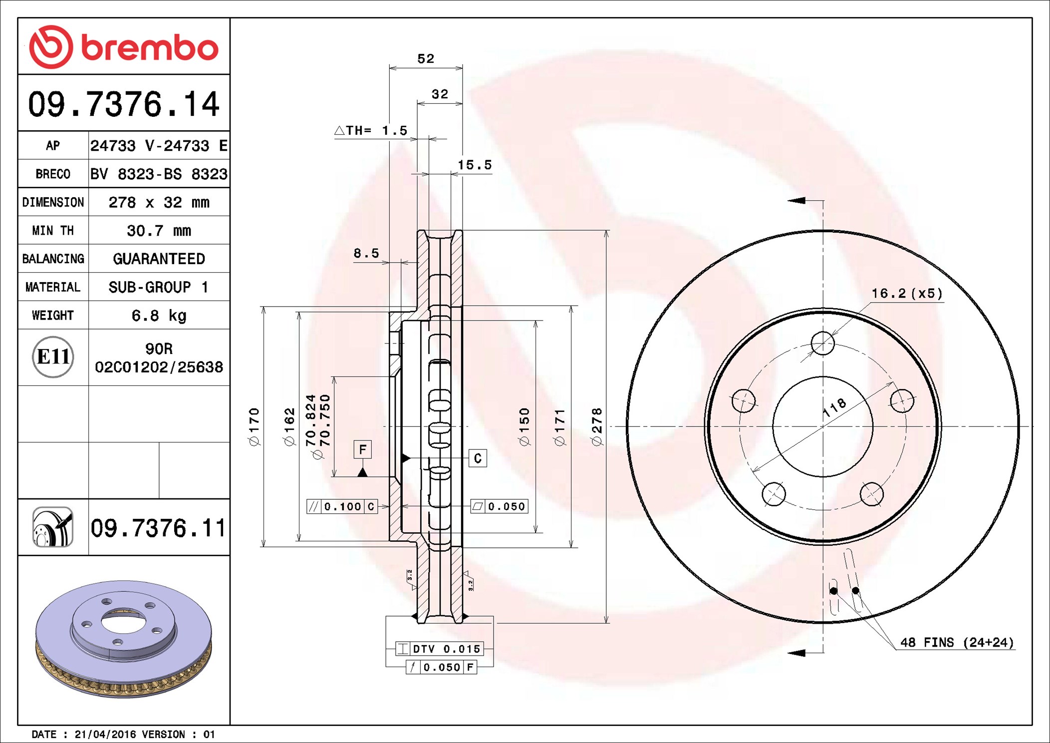 Bremsscheibe - 09.7376.11 BREMBO