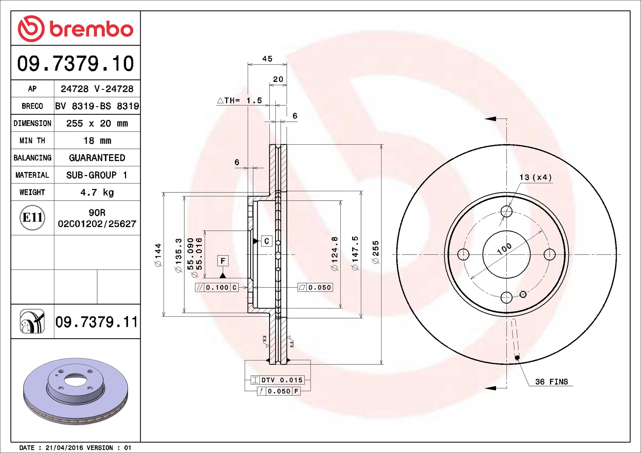Тормозной диск - 09.7379.11 BREMBO