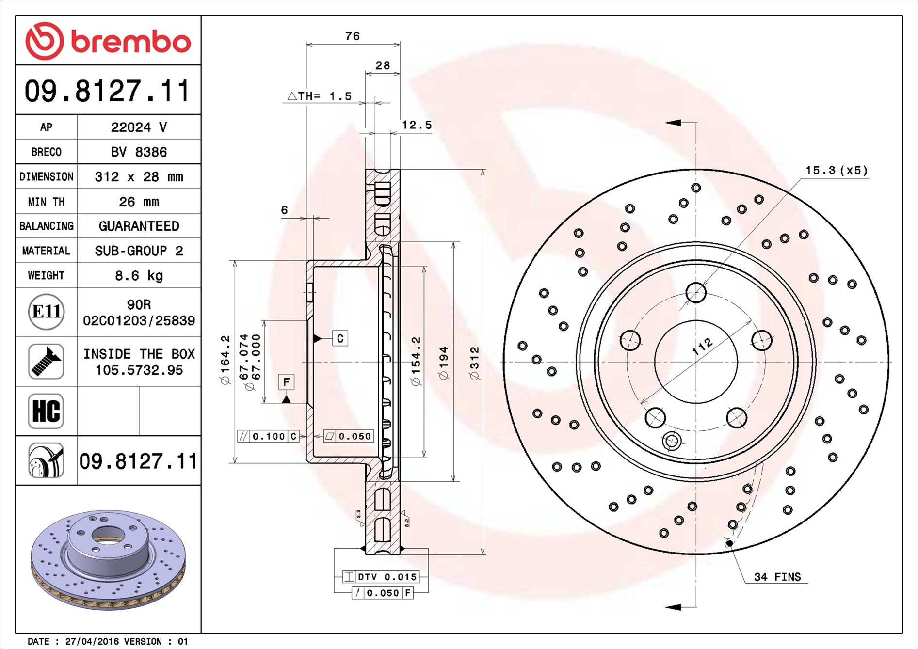Brake Disc - 09.8127.11 BREMBO