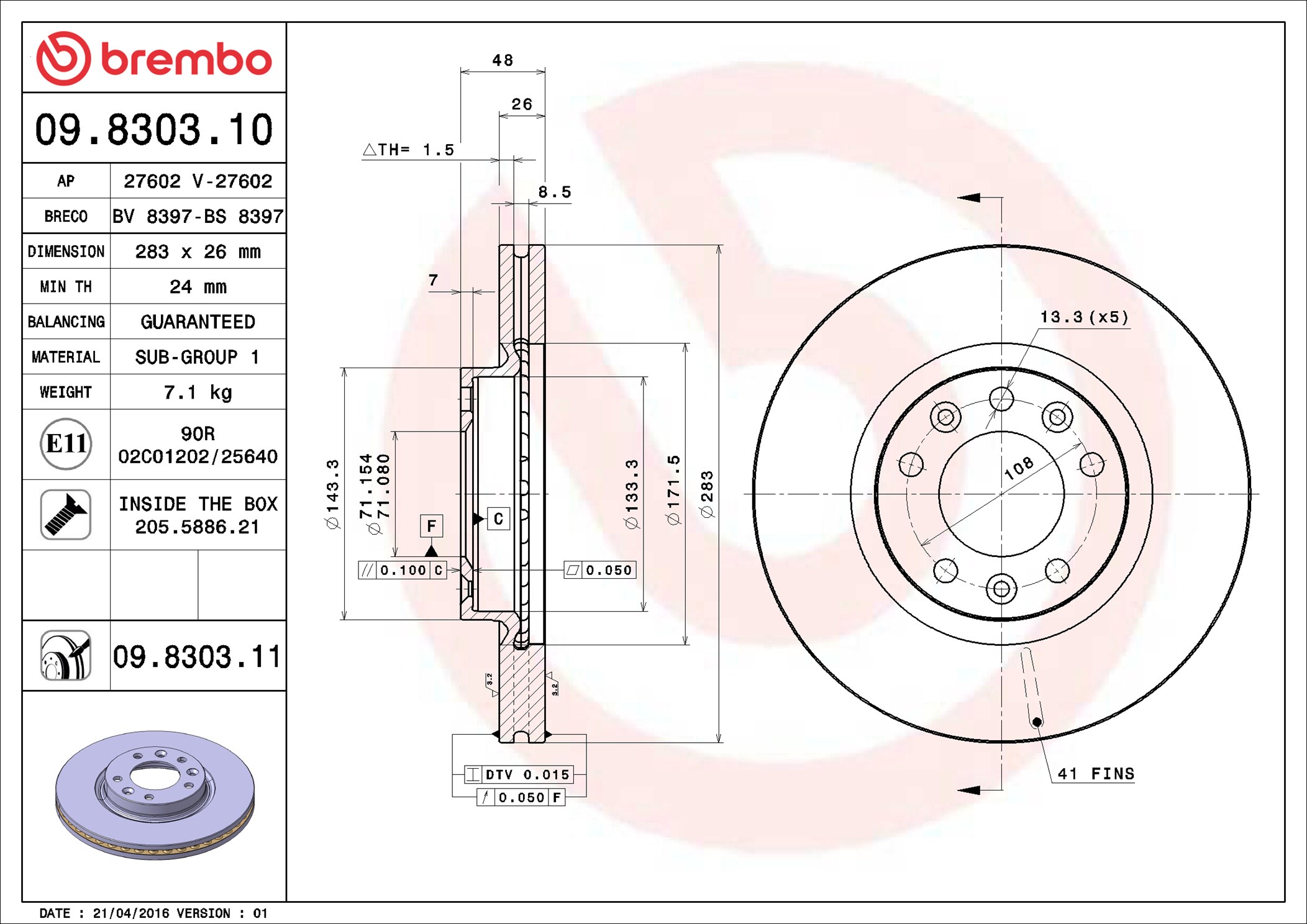 Brake Disc - 09.8303.11 BREMBO