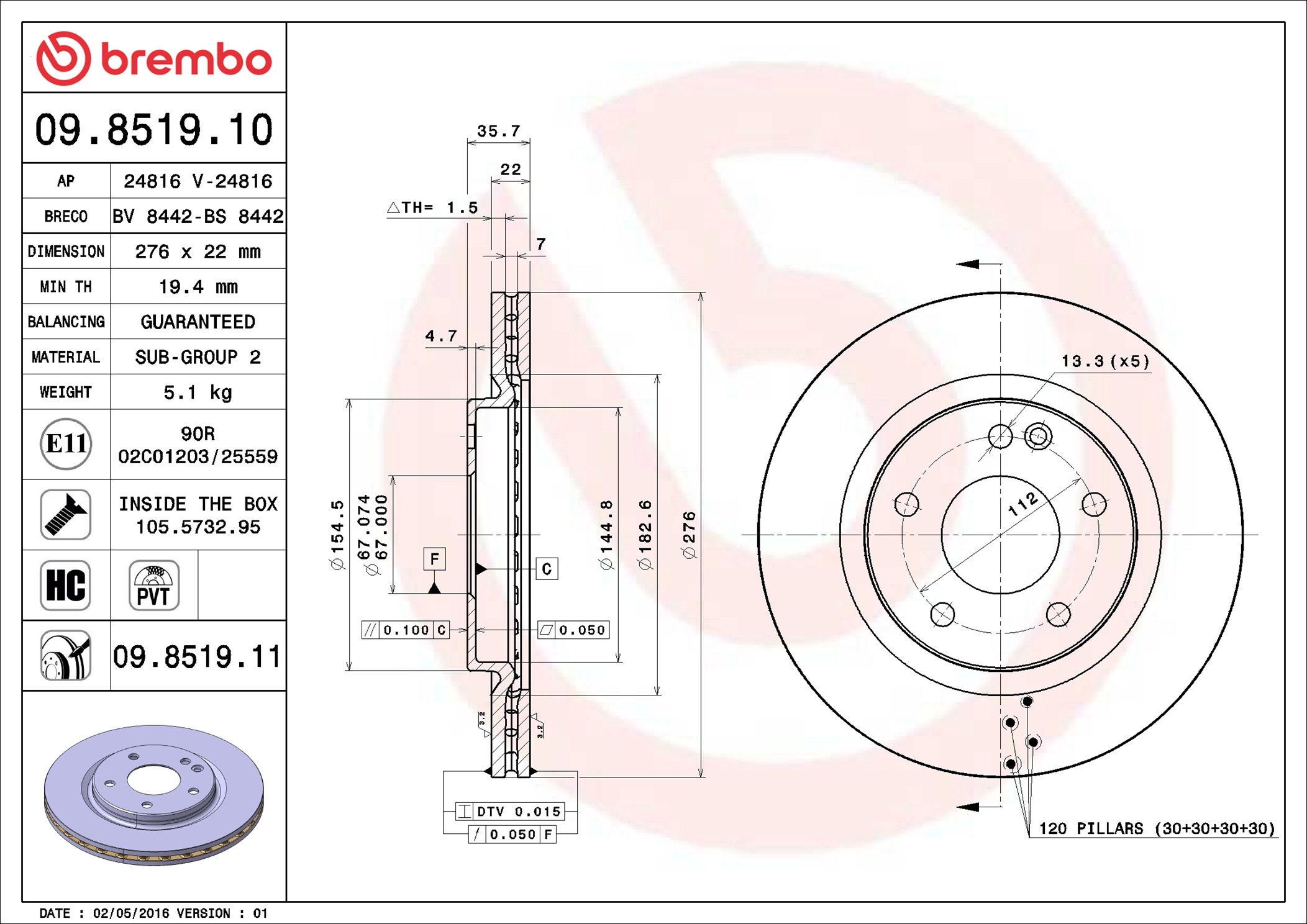 stabdžių diskas - 09.8519.11 BREMBO