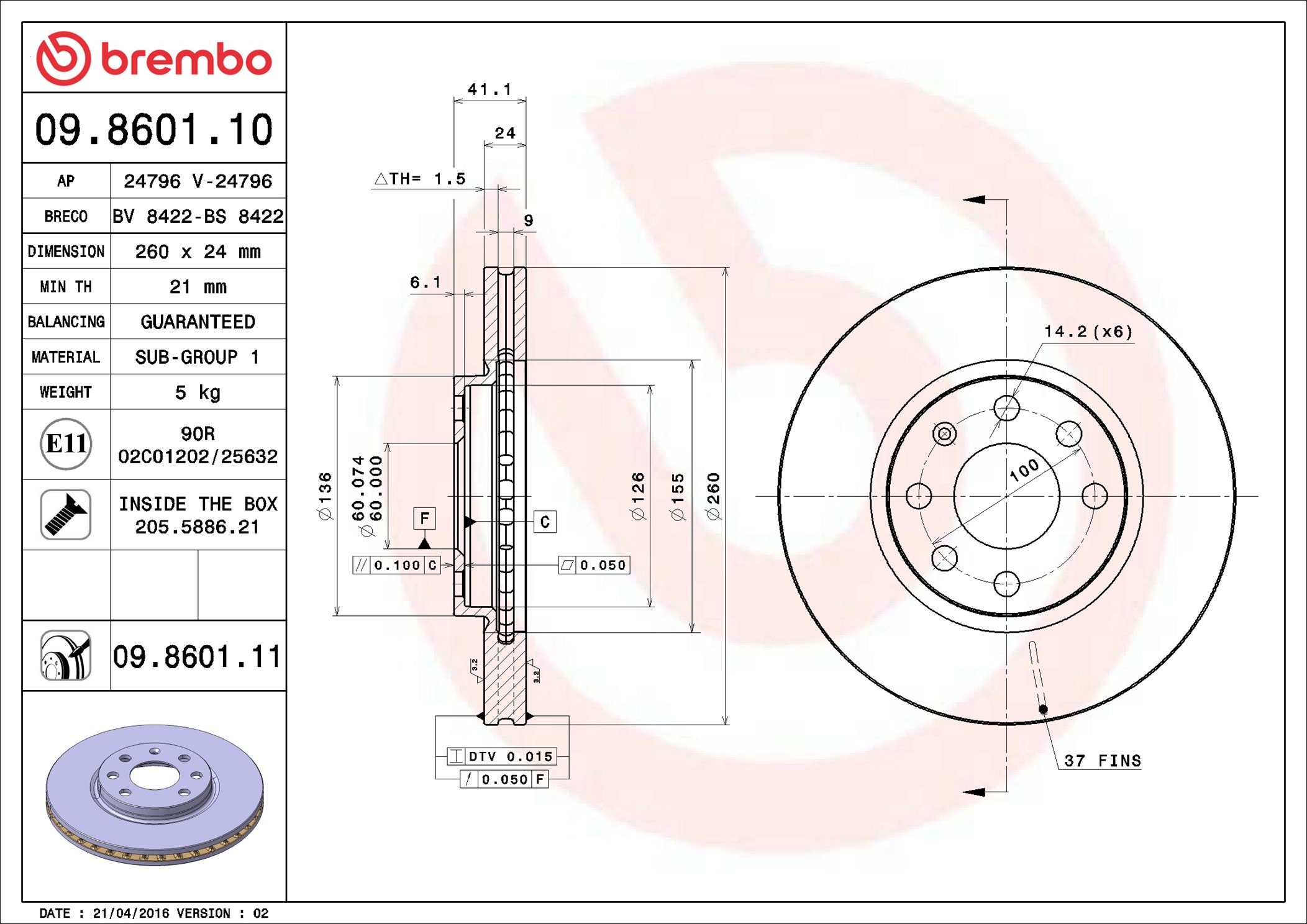 Brake Disc - 09.8601.11 BREMBO