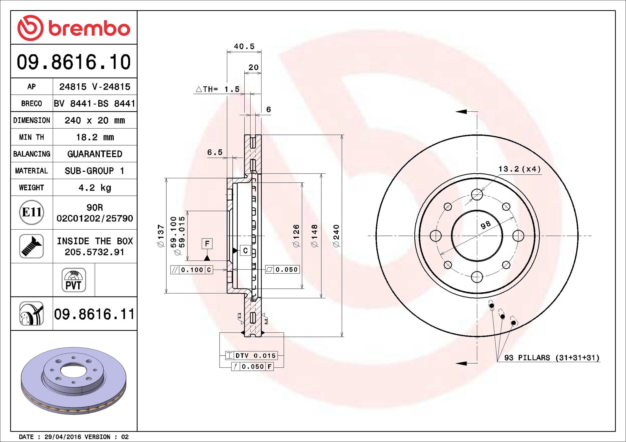 Brake Disc - 09.8616.11 BREMBO