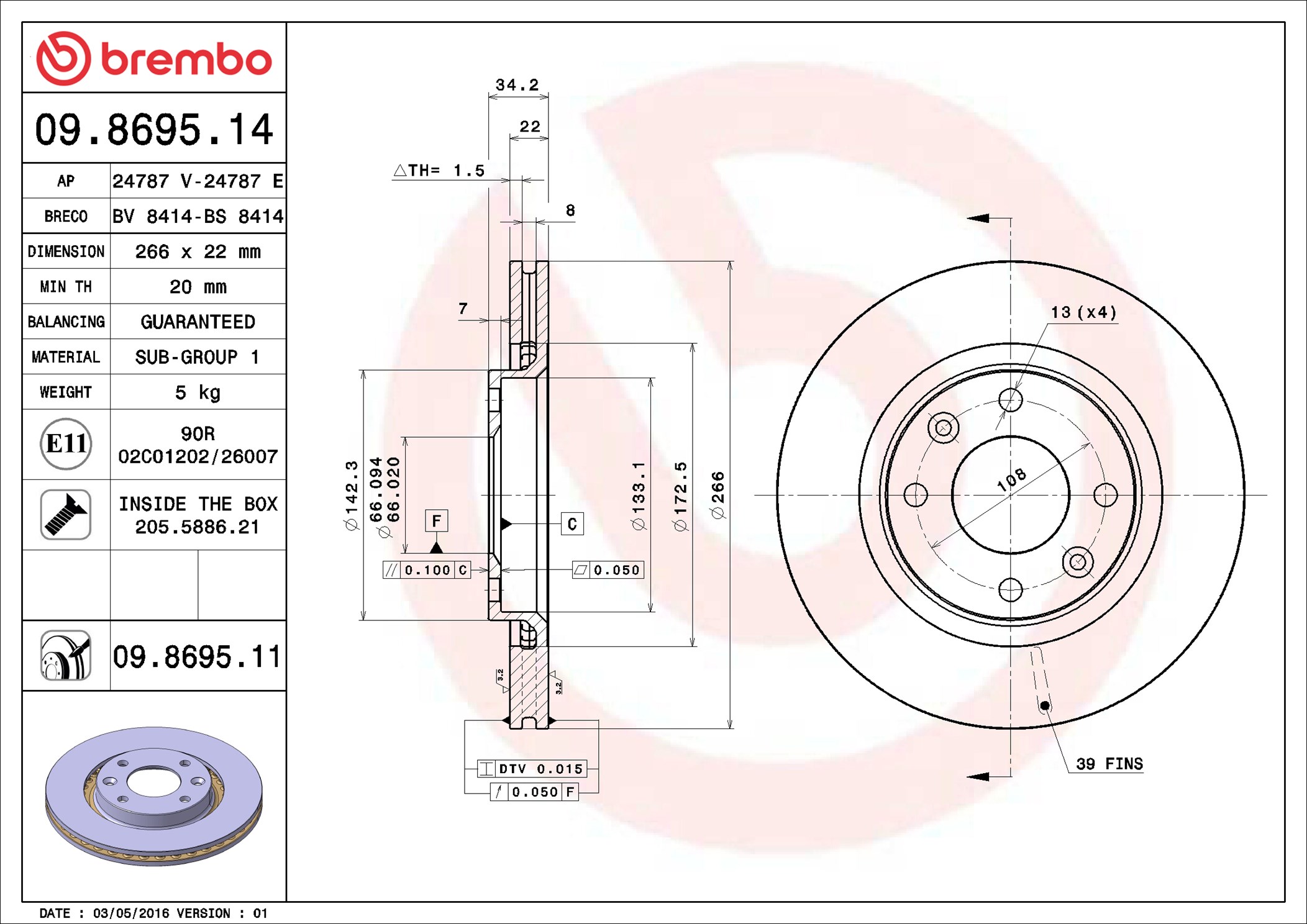 Brake Disc - 09.8695.11 BREMBO