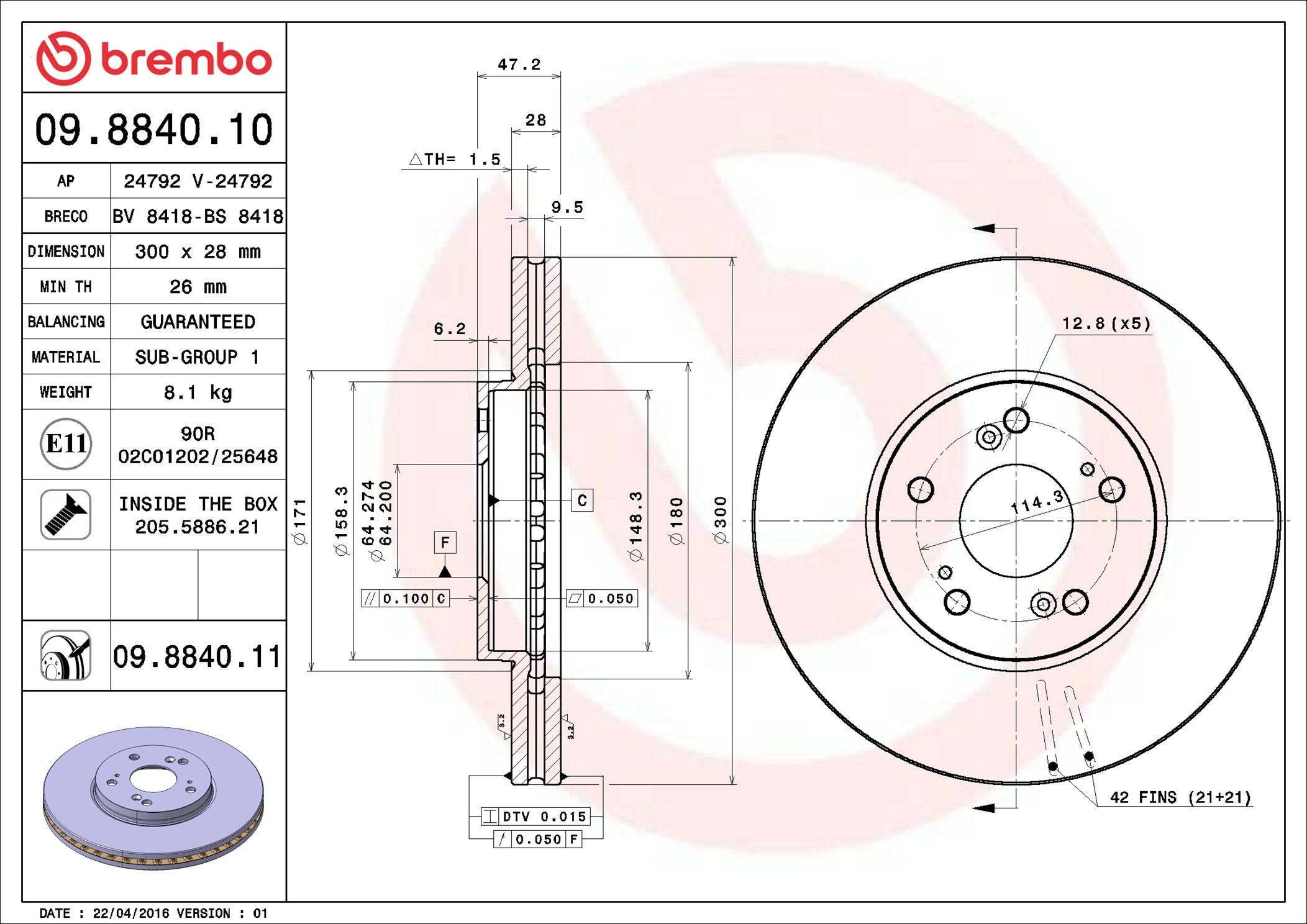 Bremsscheibe - 09.8840.11 BREMBO