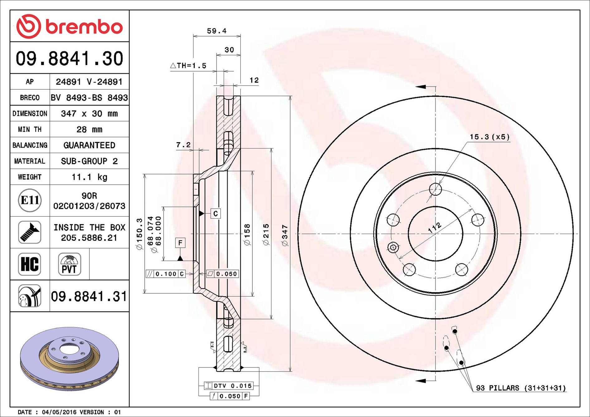 stabdžių diskas - 09.8841.31 BREMBO