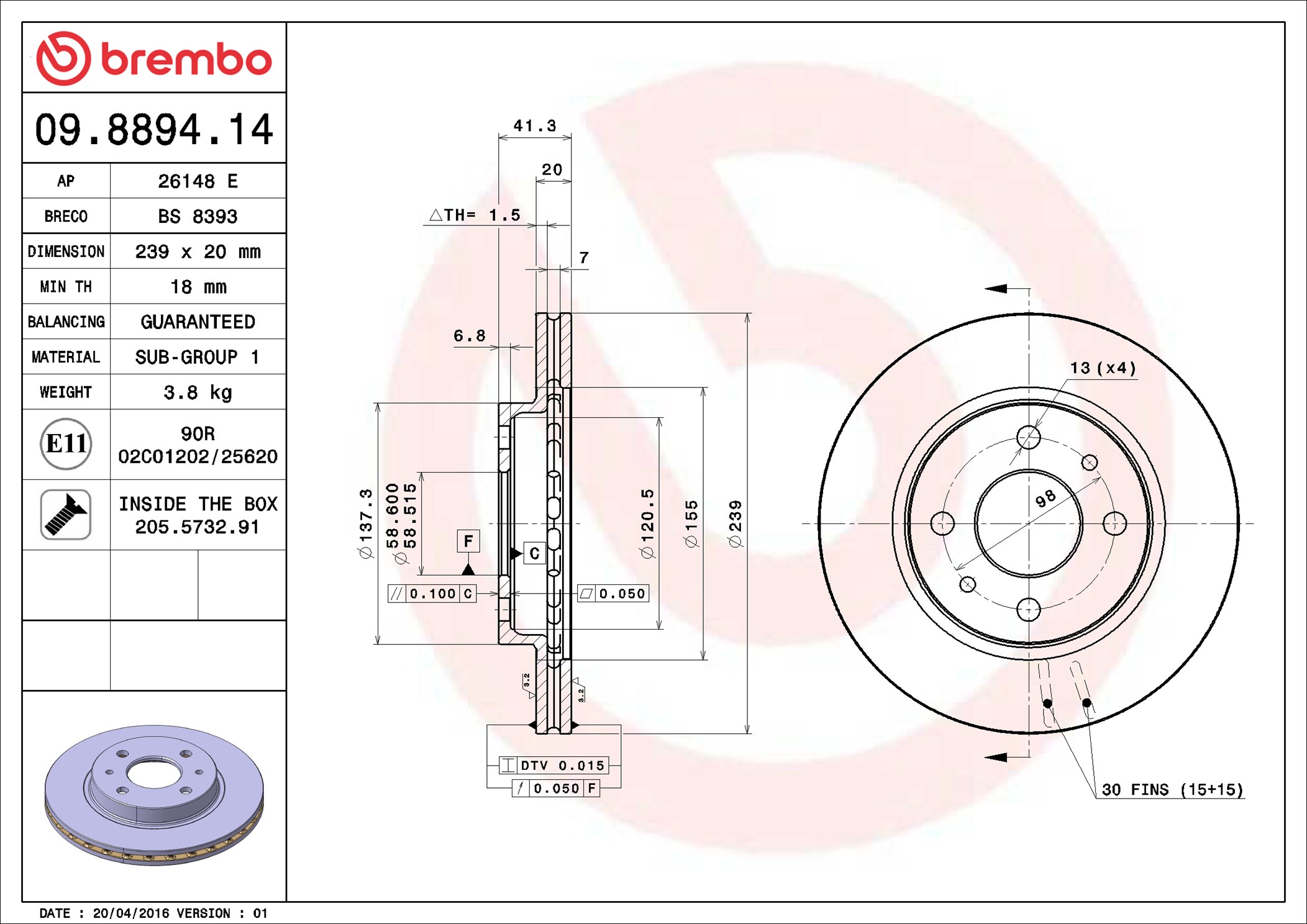 Brake Disc - 09.8894.14 BREMBO