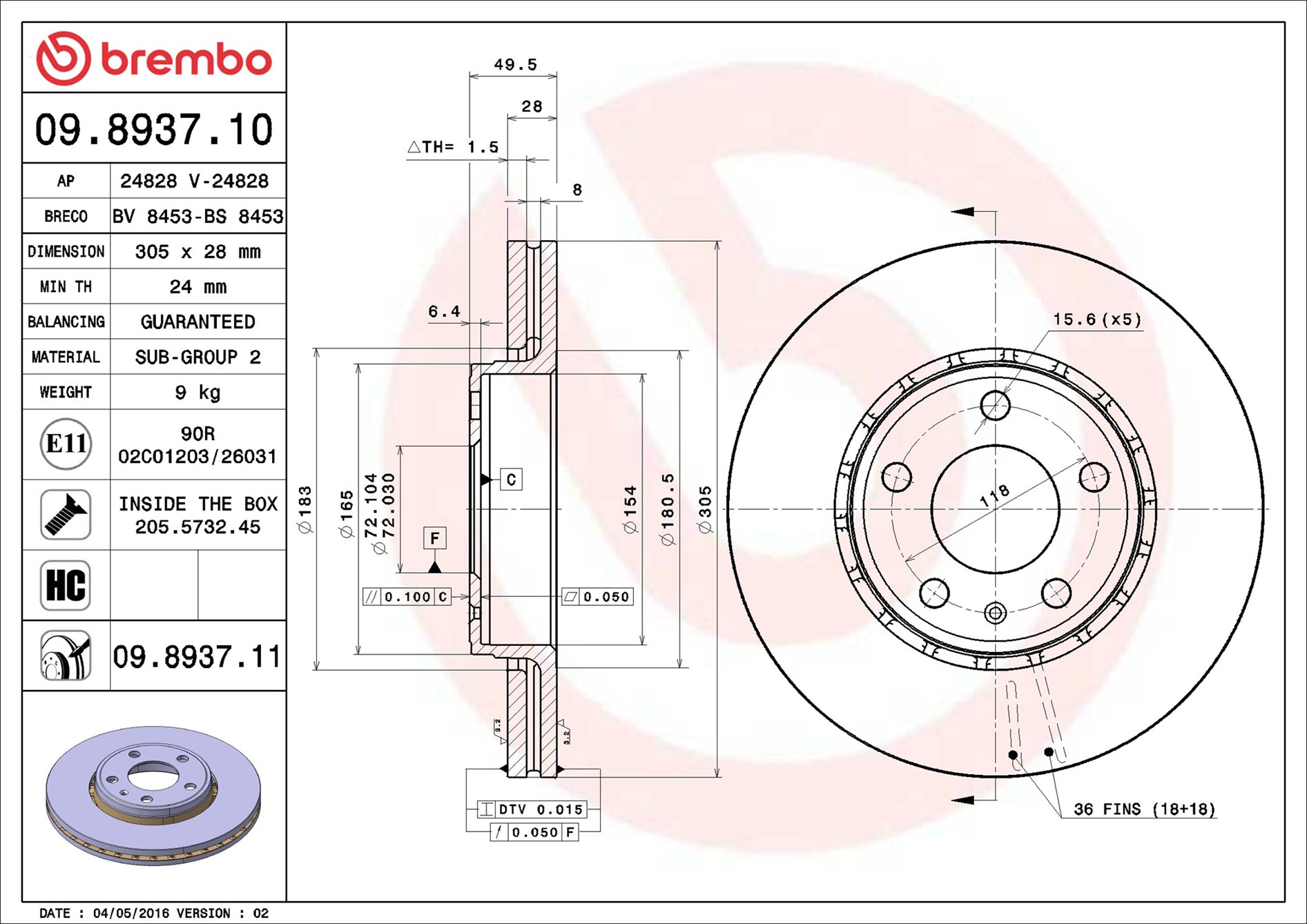 Brake Disc - 09.8937.11 BREMBO