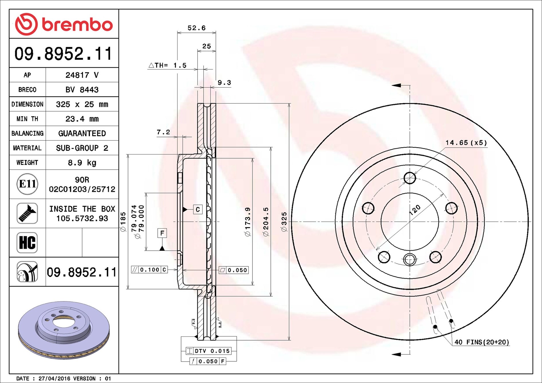 stabdžių diskas - 09.8952.11 BREMBO