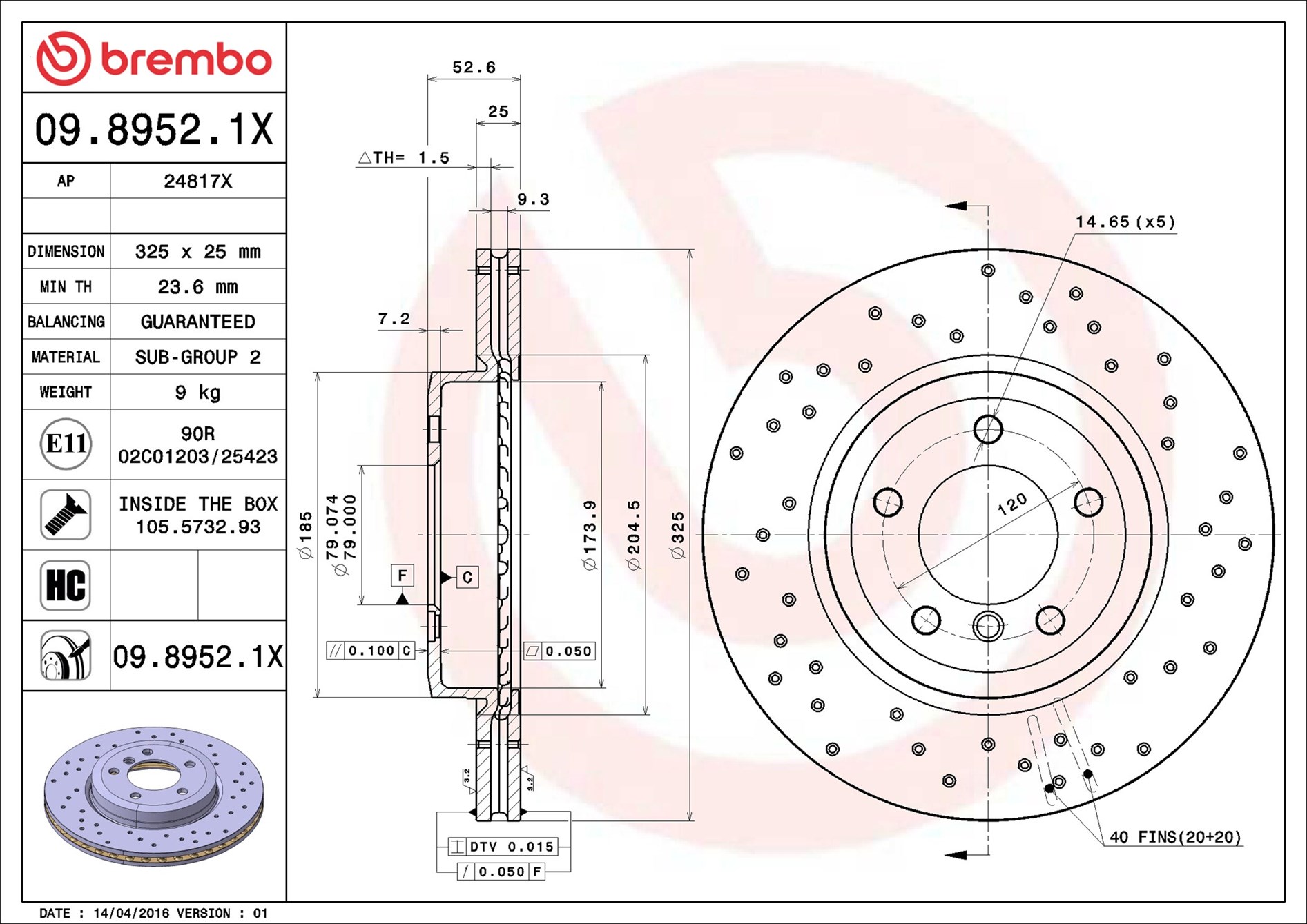 stabdžių diskas - 09.8952.1X BREMBO