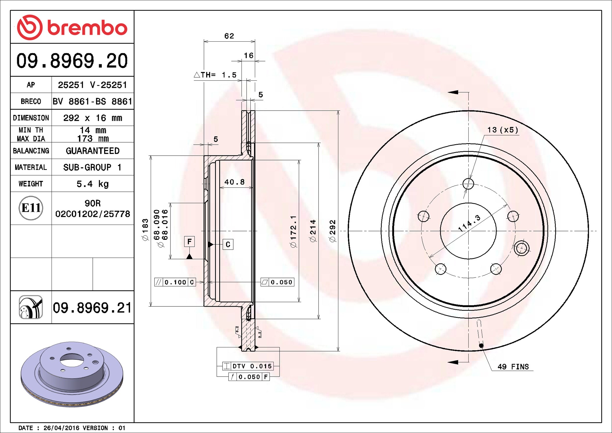 Brake Disc - 09.8969.21 BREMBO